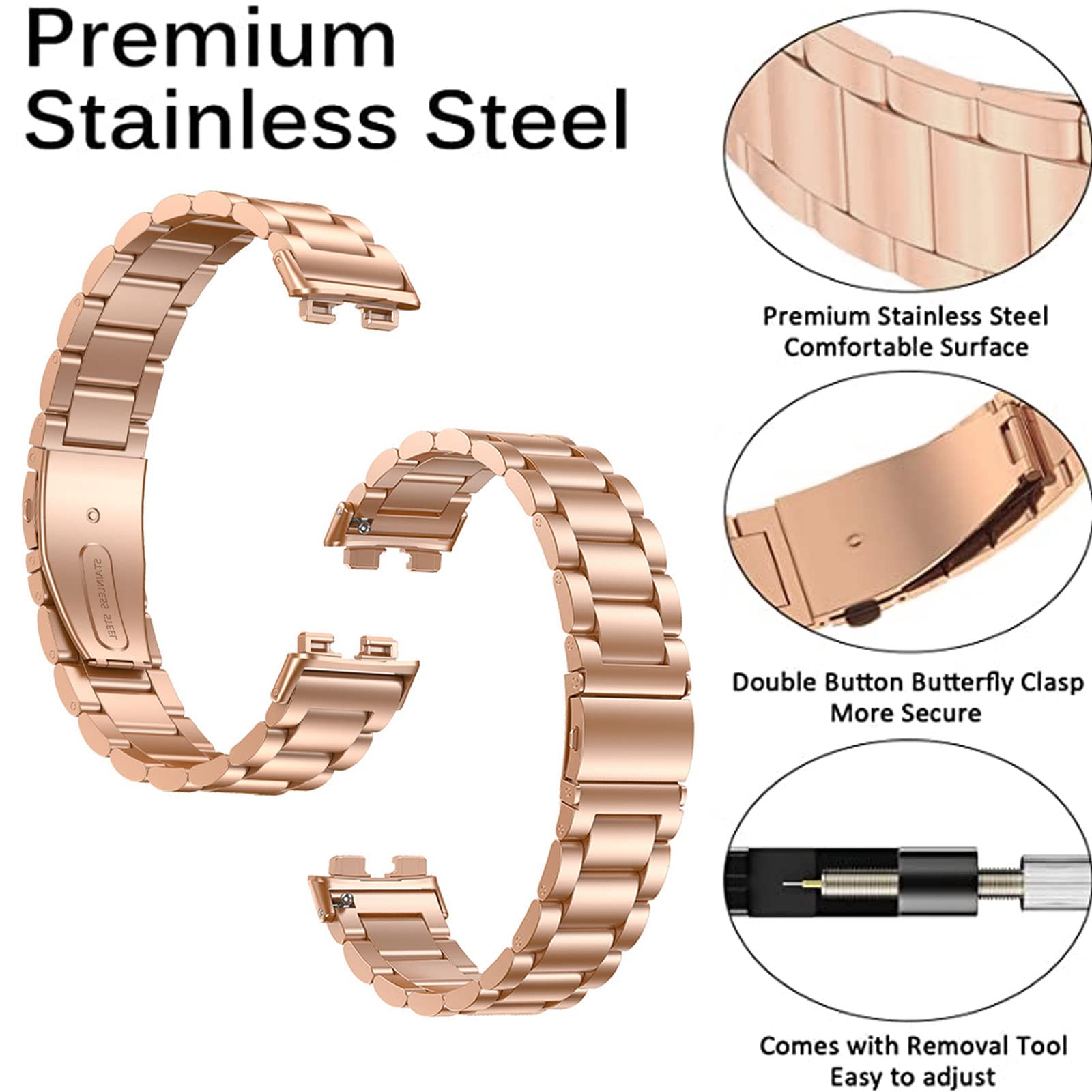 Miimall Metal Strap Compatible with Huawei Band 8, Stainless Steel Replacement Band with Folding Clasp - Image 3