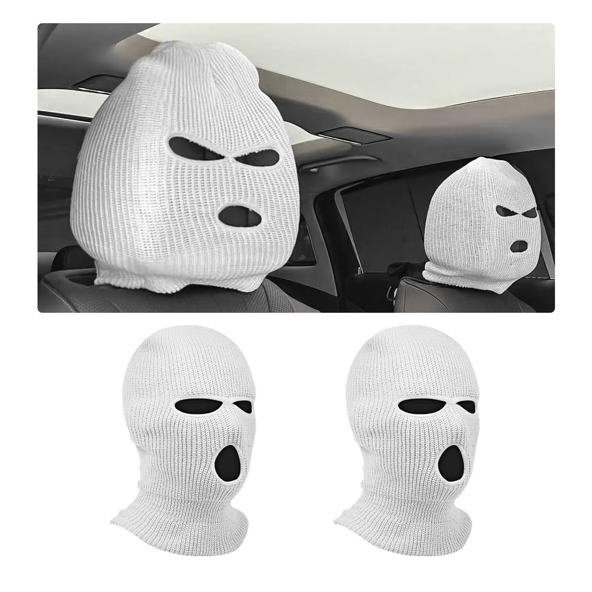 2 PCS Car Headrest Cover Personalized Funny 3 Hole Auto Seat Full Face Mask Headcover Ski Mask Wrap
