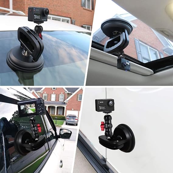 Ultra-Strong Suction Cup Camera Mount 360 Ballhead with Safety Tether for DSLR/GoPro, 15 lbs Load Capacity, Works on Glass/Car/Dashboards (2025 Pro Kit w. Phone Holder & Magic Arm)