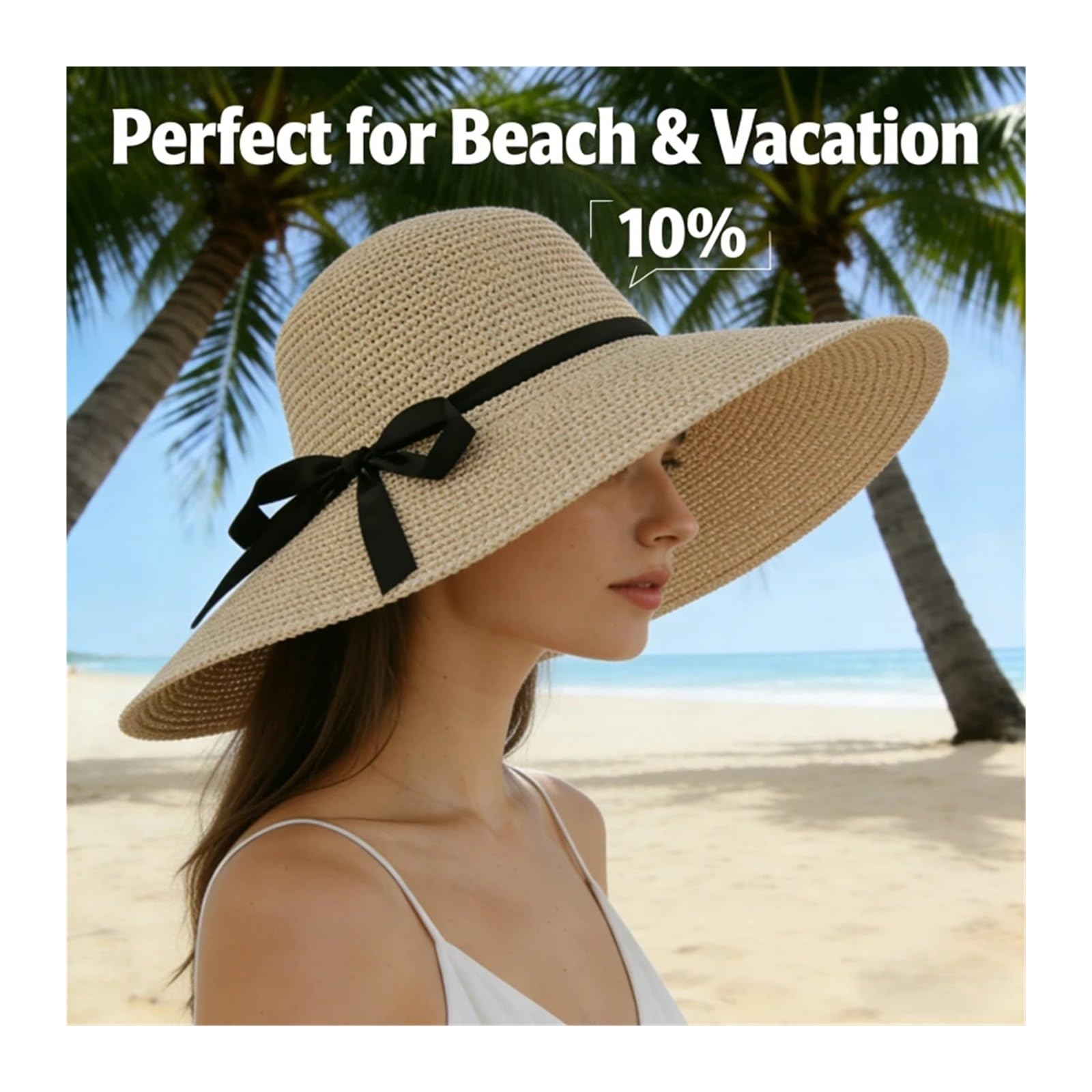 1 Uds. Sombrero de paja ala ancha verano diseño lazo plegable Sol playa for mujer accesorio vacaciones hecho a mano