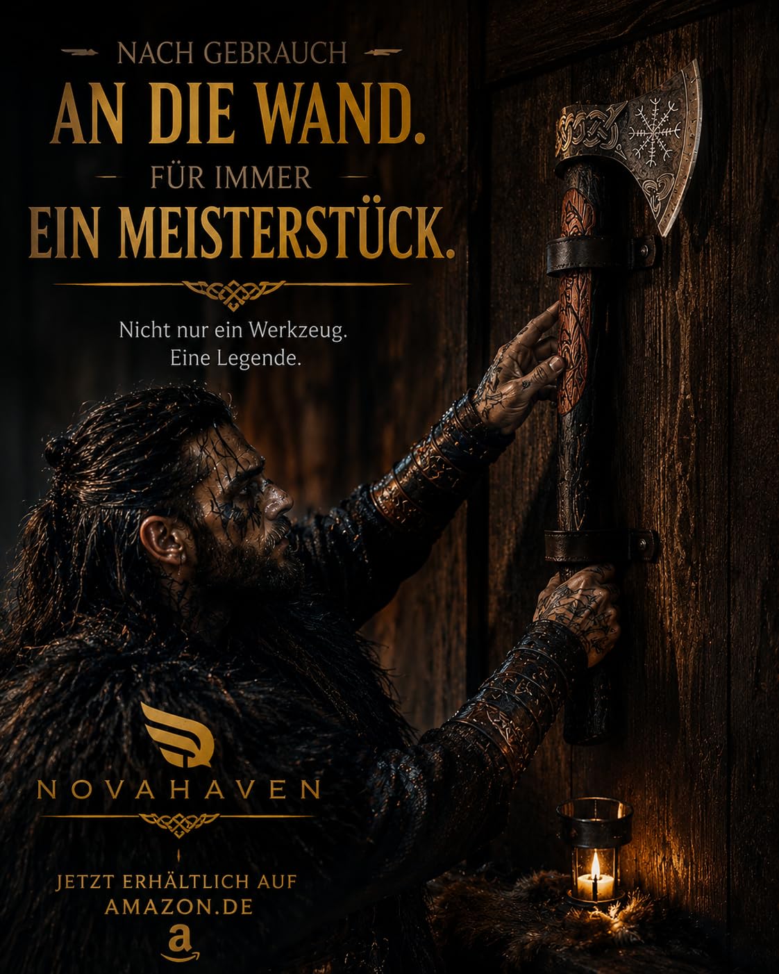 Novahaven Ragnarök - Hacha forjada a mano para exteriores de 22 pulgadas – Regalo y coleccionable de acero al carbono con mango de madera de fresno tallada, diseño de lobo y dragón, funda de piel para