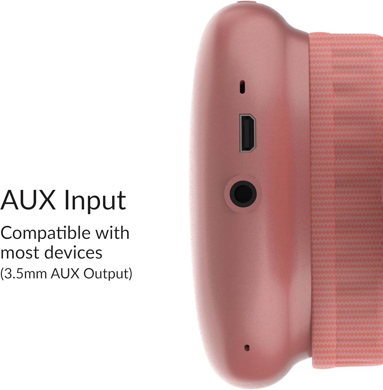 Close-up view of the headphone's side, showing the AUX input port and charging port.