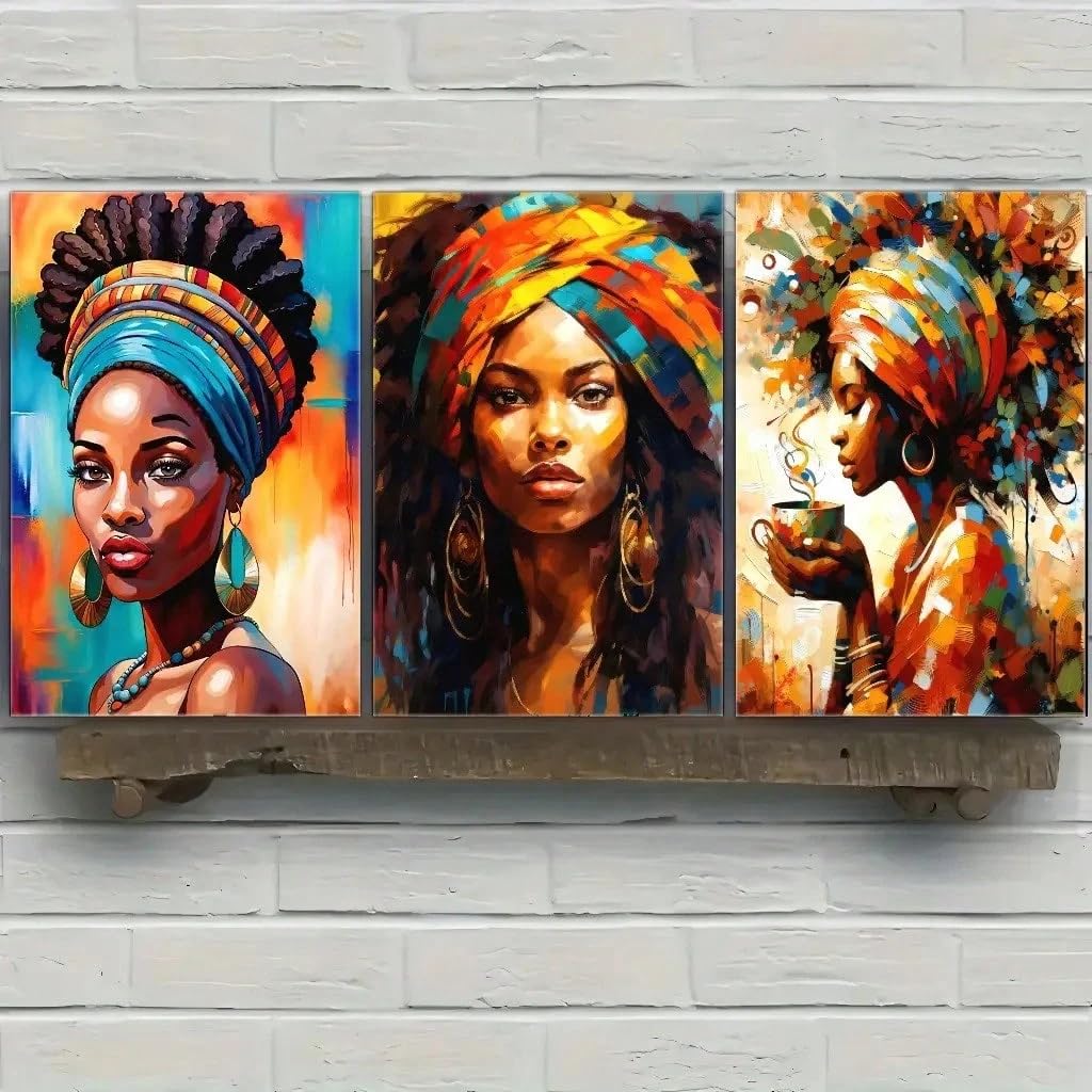 Tuschezeichnungen für die Wanddekoration, Kunst von Frauen mit schwarzer Hautfarbe, farbenfrohe Poster, Café, Bar, Wohnzimmer, Wanddekoration für Zuhause (70 x 100 cm x 3/ohne Rahmen)