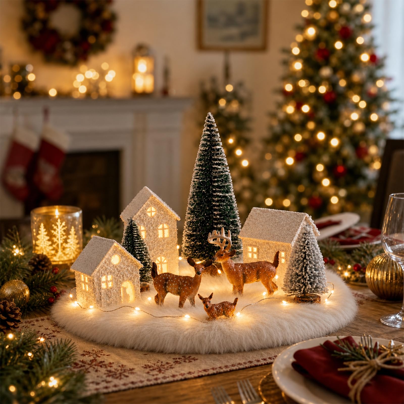 Thenshop Ensemble de village de Noël 11 pièces avec mini maisons, figurines de cerfs, arbres en sisal, couverture de neige et guirlandes lumineuses à DEL, décoration d'intérieur pour table de Noël