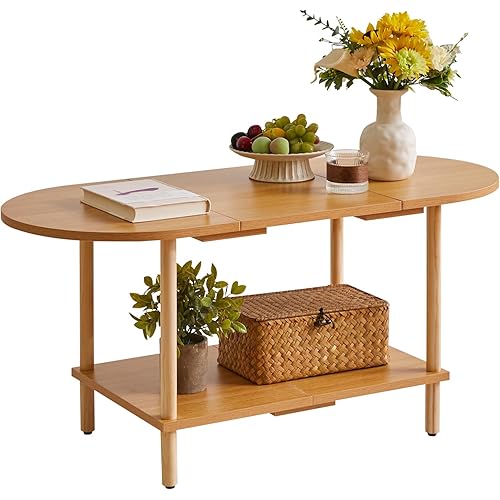 Wooden Tea Table Splicing Design, 2 Tier Coffee Table for Living Room, 35x16x17inch TV Table Stand with Storage Shelf Natural Wood Color YD-011N