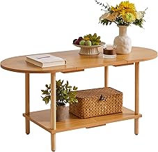 Wooden Tea Table Splicing Design, 2 Tier Coffee Table for Living Room, 35x16x17inch TV Table Stand with Storage Shelf Natural Wood Color YD-011N
