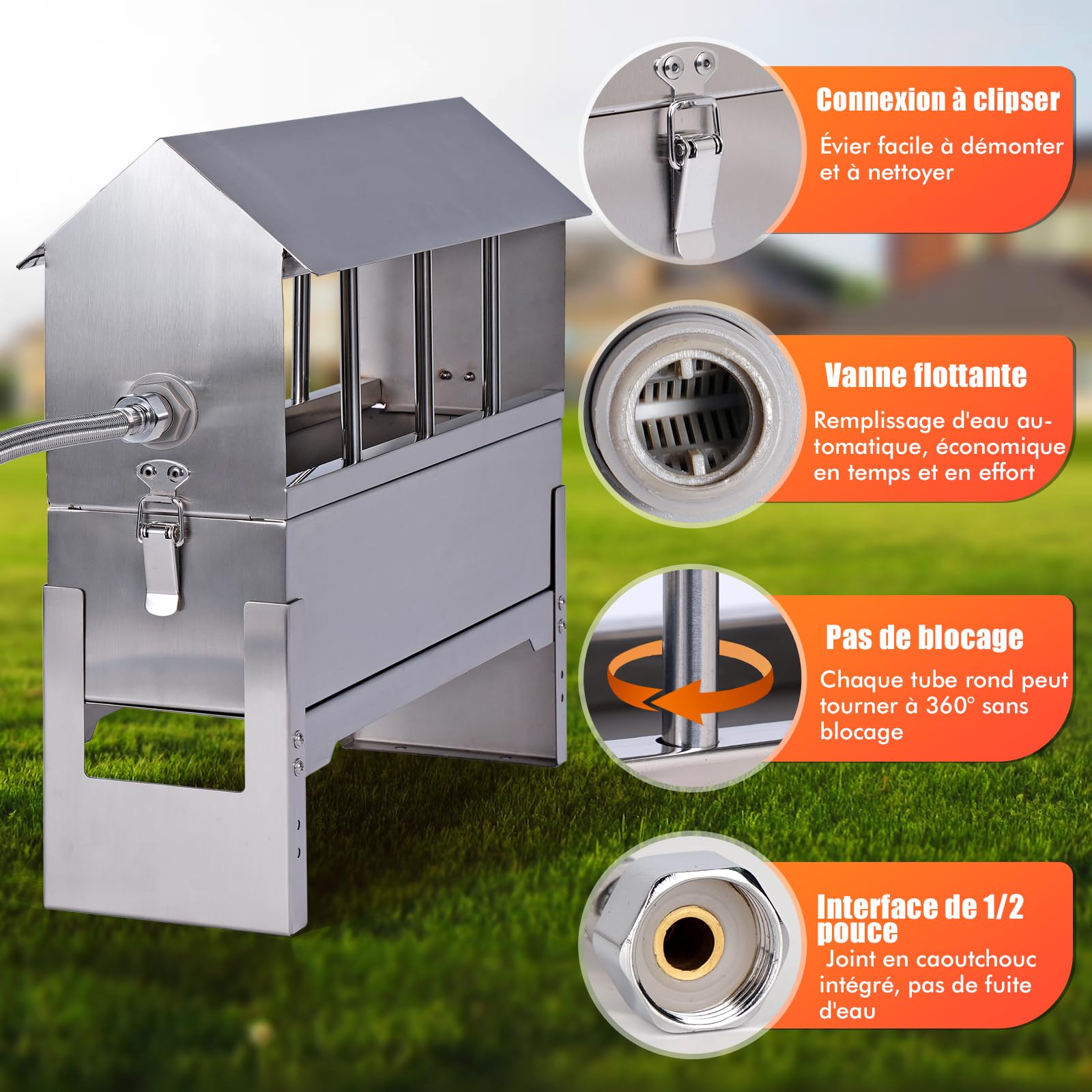Abreuvoir Automatique pour Poulets en Acier Inoxydable,Distributeur d'eau pour volailles avec Valve à Flotteur et Pieds de Support,Mangeoire à Eau pour Pigeons, Canards et oies