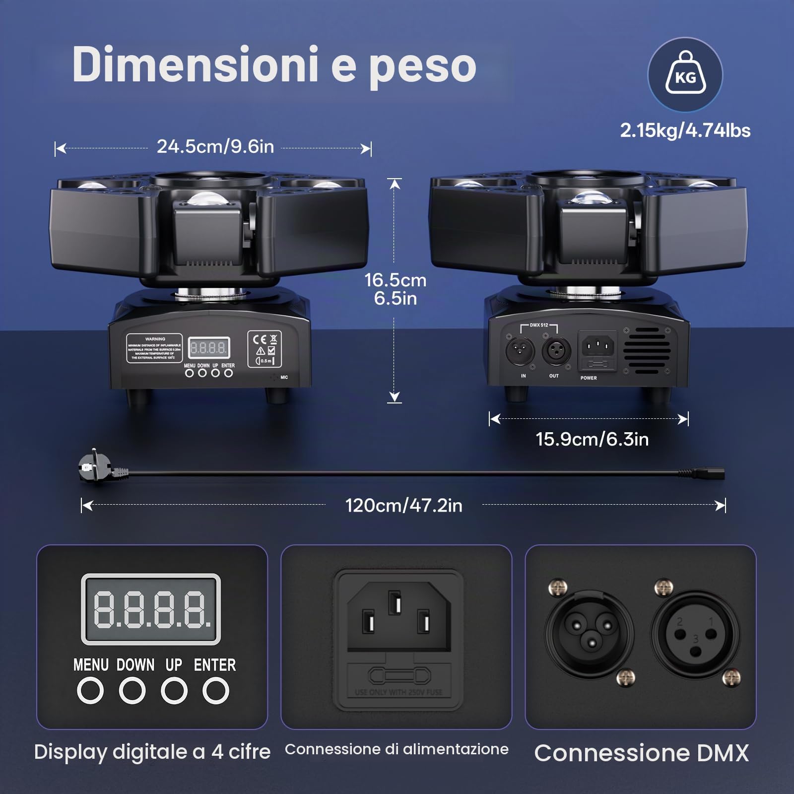 Testa Mobile LED 150W 4 in 1,Occhio d'Ape RGBW con Fascio a 4 Bracci e Wash RGB,Beam Luci Discoteca con Telecomando DMX512,Luci da Palcoscenico per DJ Feste Disco Club Natale Concert Matrimoni