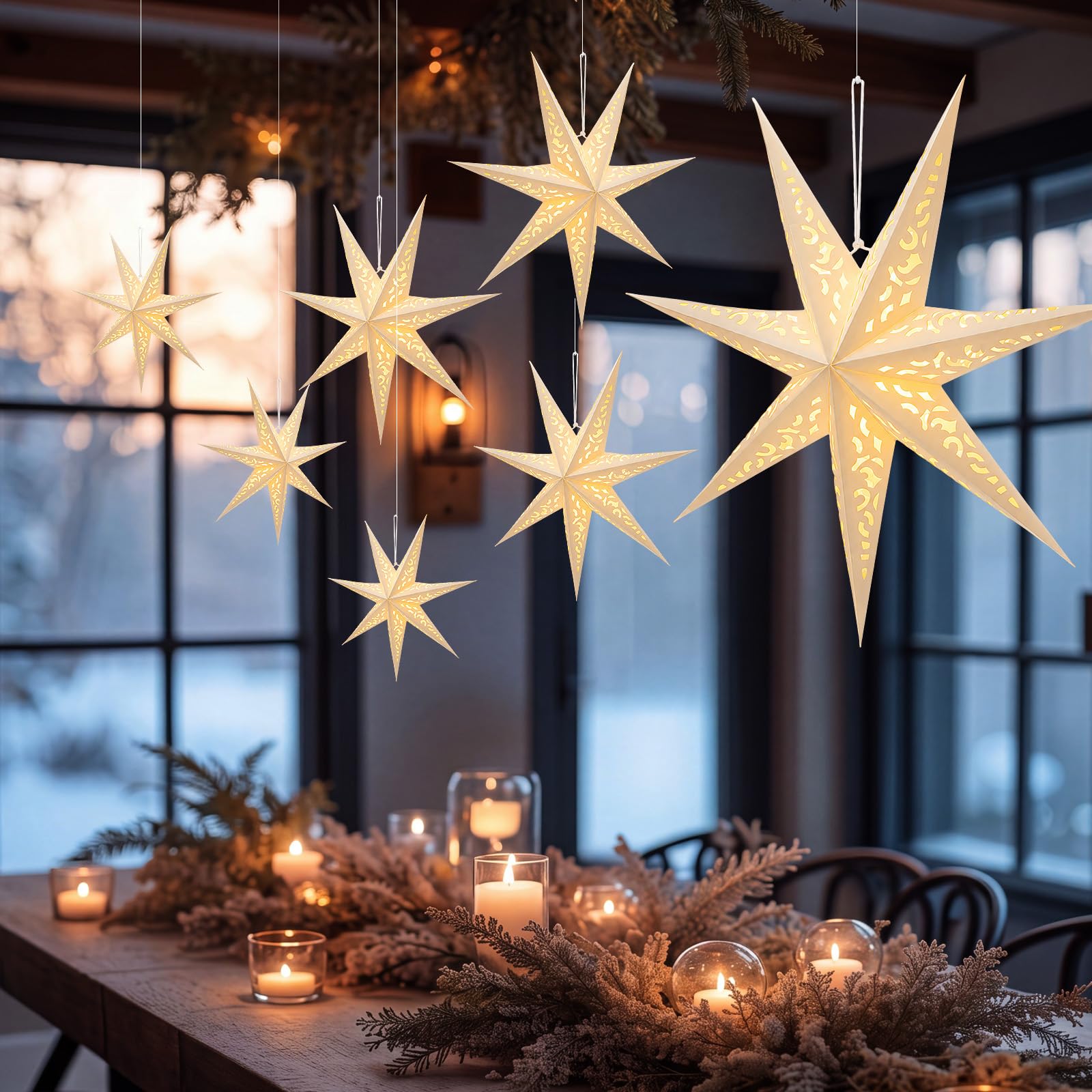 Dunzoom Confezione da 9 lanterne di carta bianche a forma di stella da appendere, decorazioni a forma di stella, con filo di luci, decorazione per albero di Natale, decorazione per matrimoni, feste di