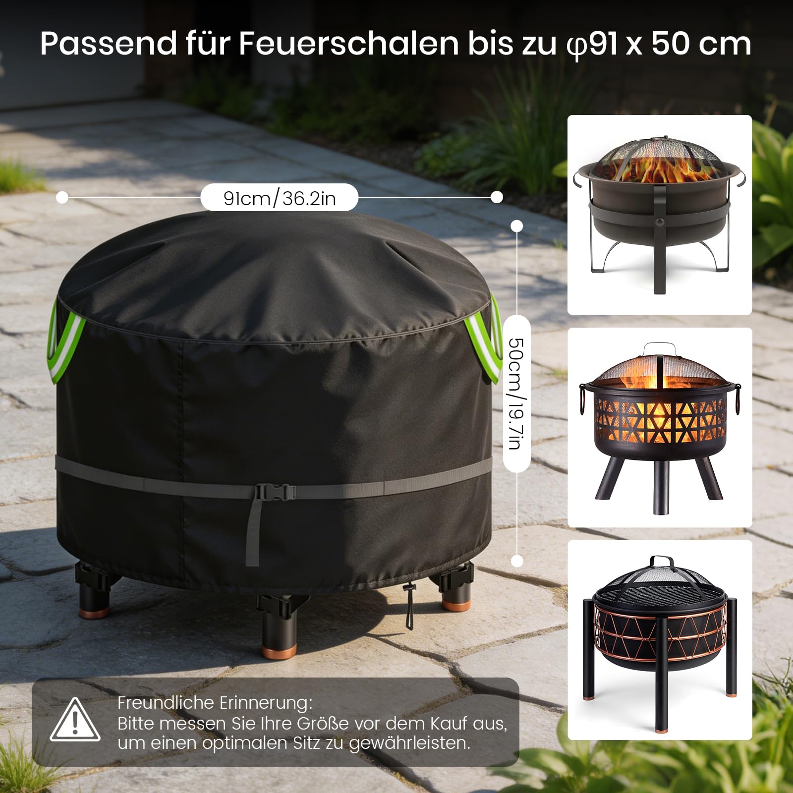 Housse Brasero 90cm Rond, 600D Oxford PU Imperméable avec 2,8 Msangles à Boucle, 3 Boucles Coupe-Vent et 2 Poignées, Housse de Protection pour Brasero, Panier à Feu, Diamètre 91x50cm