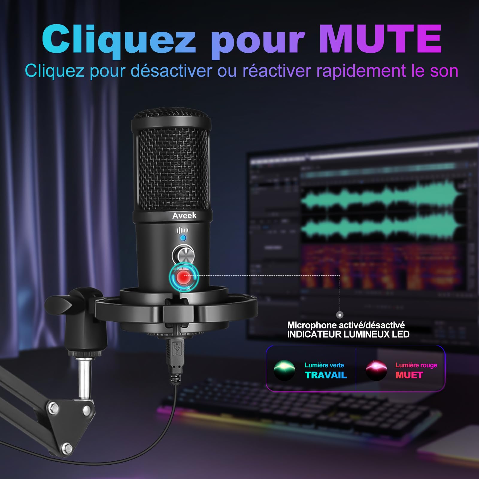 Aveek Micro USB à Condensateur avec Bras Articulé - Qualité Studio, Muet, Réduction de Bruit, Plug & Play pour Podcast, Streaming, Jeu, Youtube, Compatible PC, Mac, PS5, Téléphone USB-C