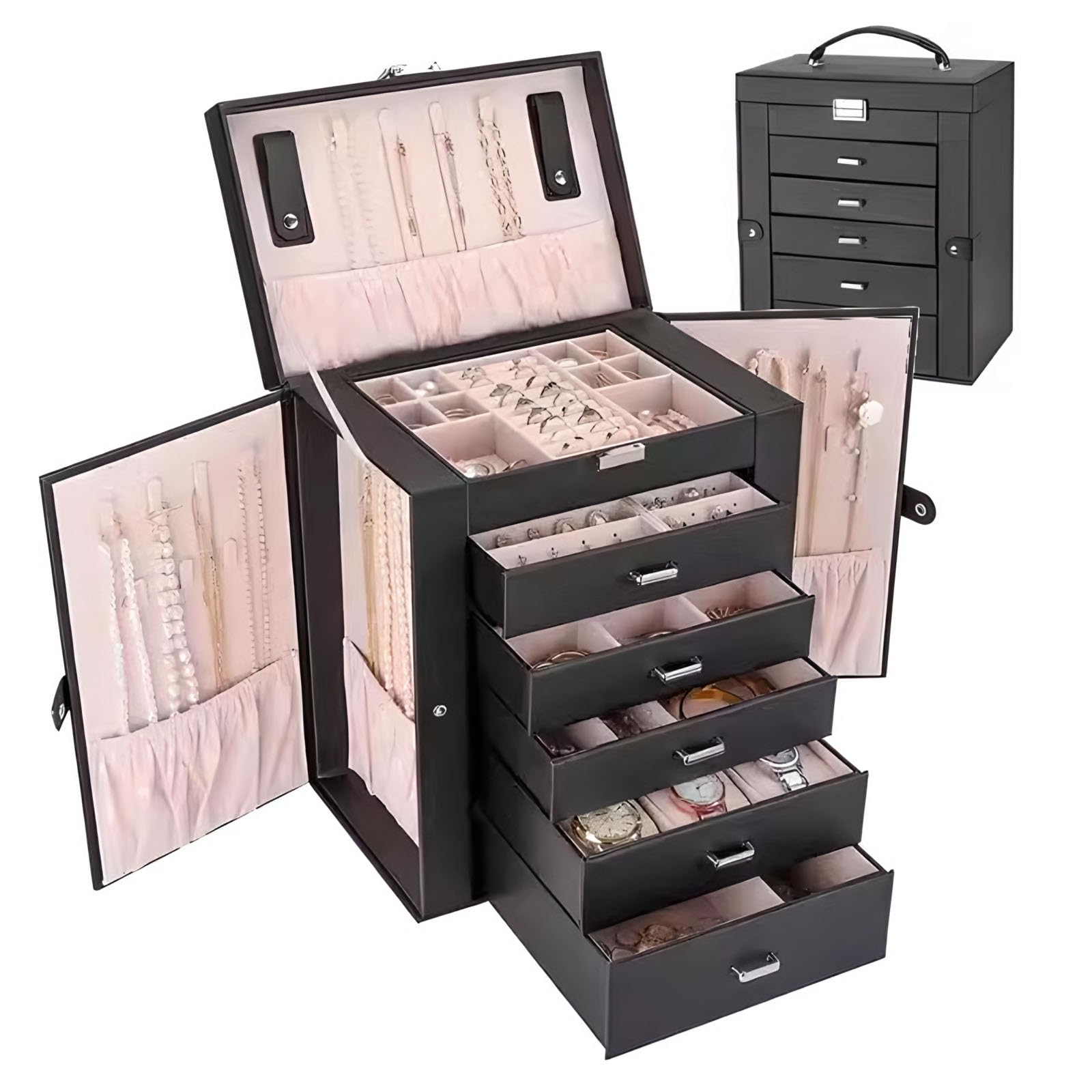 JeeSoarToFarJeeSoarToFar Large Capacity Jewelry Storage Box with 6 Layers, 24 Hooks, and Pull-Out Drawers, Ideal for Rings, Earrings, Necklaces, Bracelets (Comes with Removable Dividers)
