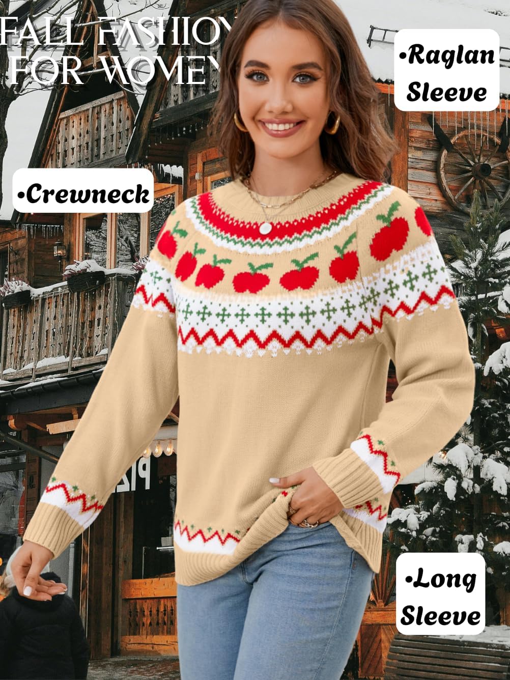 Fairisle Sweater,Crewneck Patterned Sweaters for Women,Vintage Christmas Thanksgiving Knit Tops - Image 4