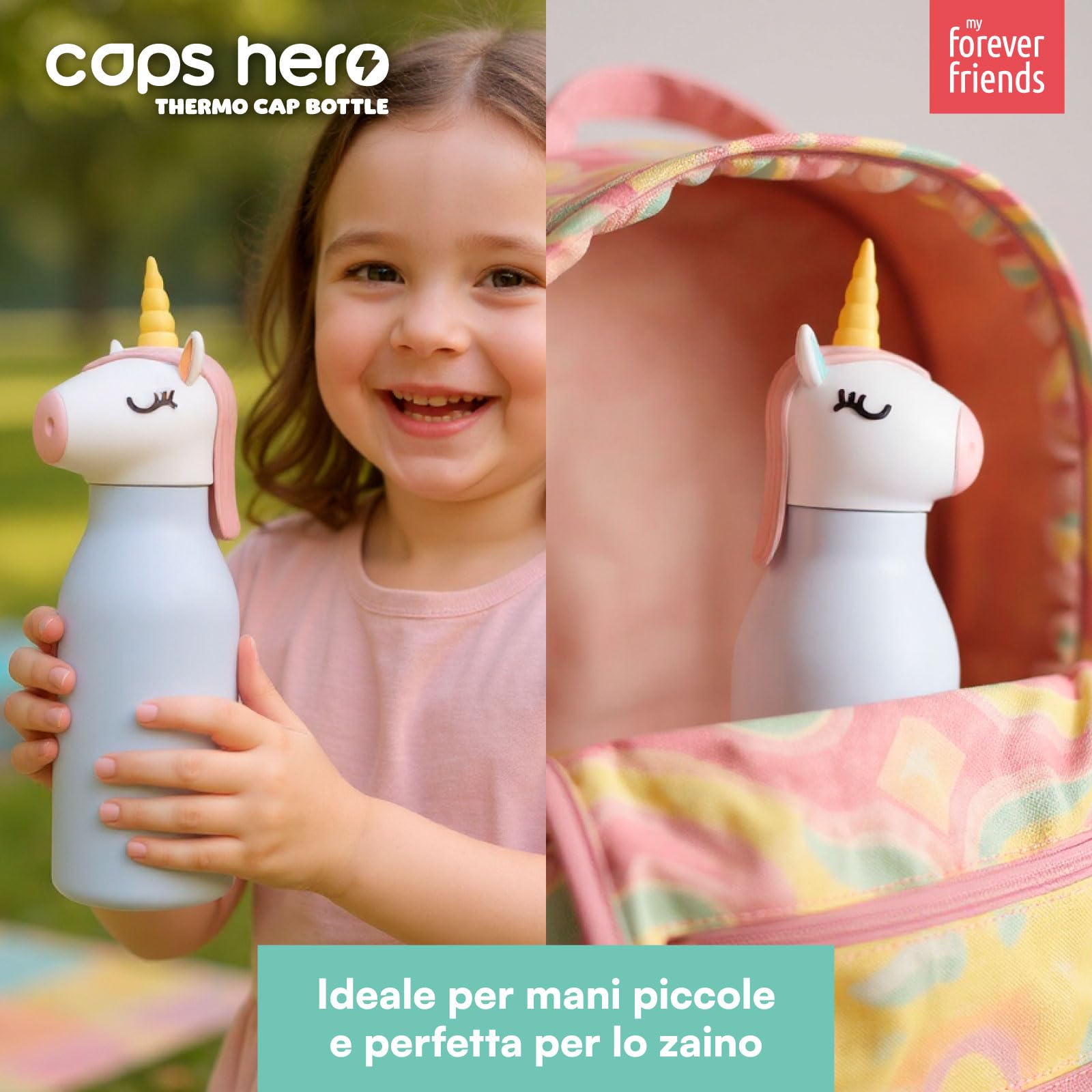 Borraccia Termica per Bambini Acciaio Inox Senza BPA 520ml - CapsHero Unicorno Unicorn Una - Riutilizzabile Antiodore con Doppia Parete 230x70mm - Caldo 12h Freddo 24h - Collezione My Forever Friends