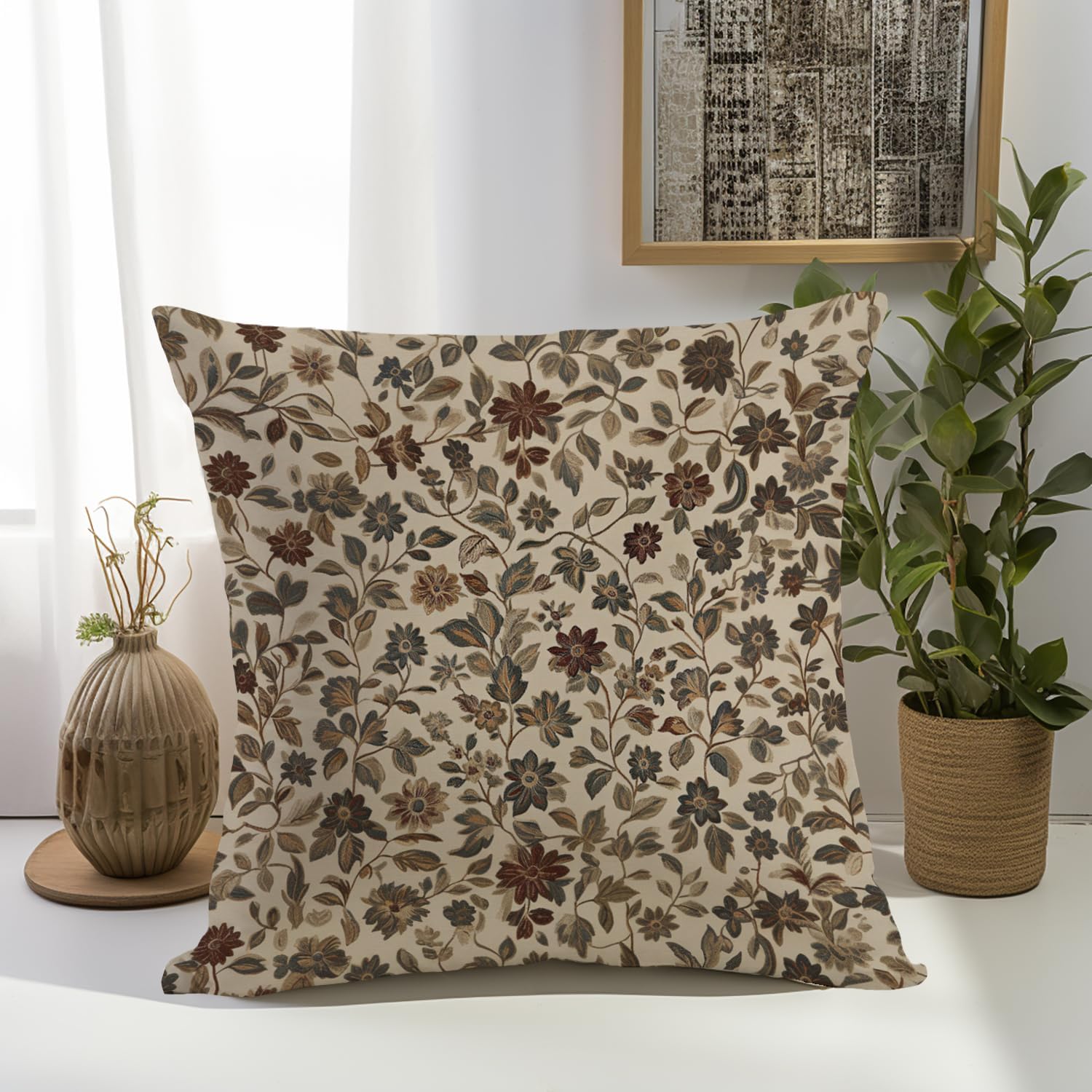 YOU FOUND ME William Morris Abstract Vintage Floral Velvet Design Throw Pillow Covers Home Decor, Retro Art Deco Pillowcase Cushion Cover for Bed Sofa Living Room, Square 18x18inch (Beige-Floral) - Image 4