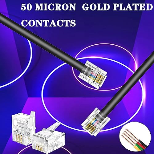 Miniatura 6 de Paquete de 3 cables de extensión de teléfono de 1 pie con enchufes RJ11 6P4C estándar para teléfono fijo y fax (3, negro, 1 pie)