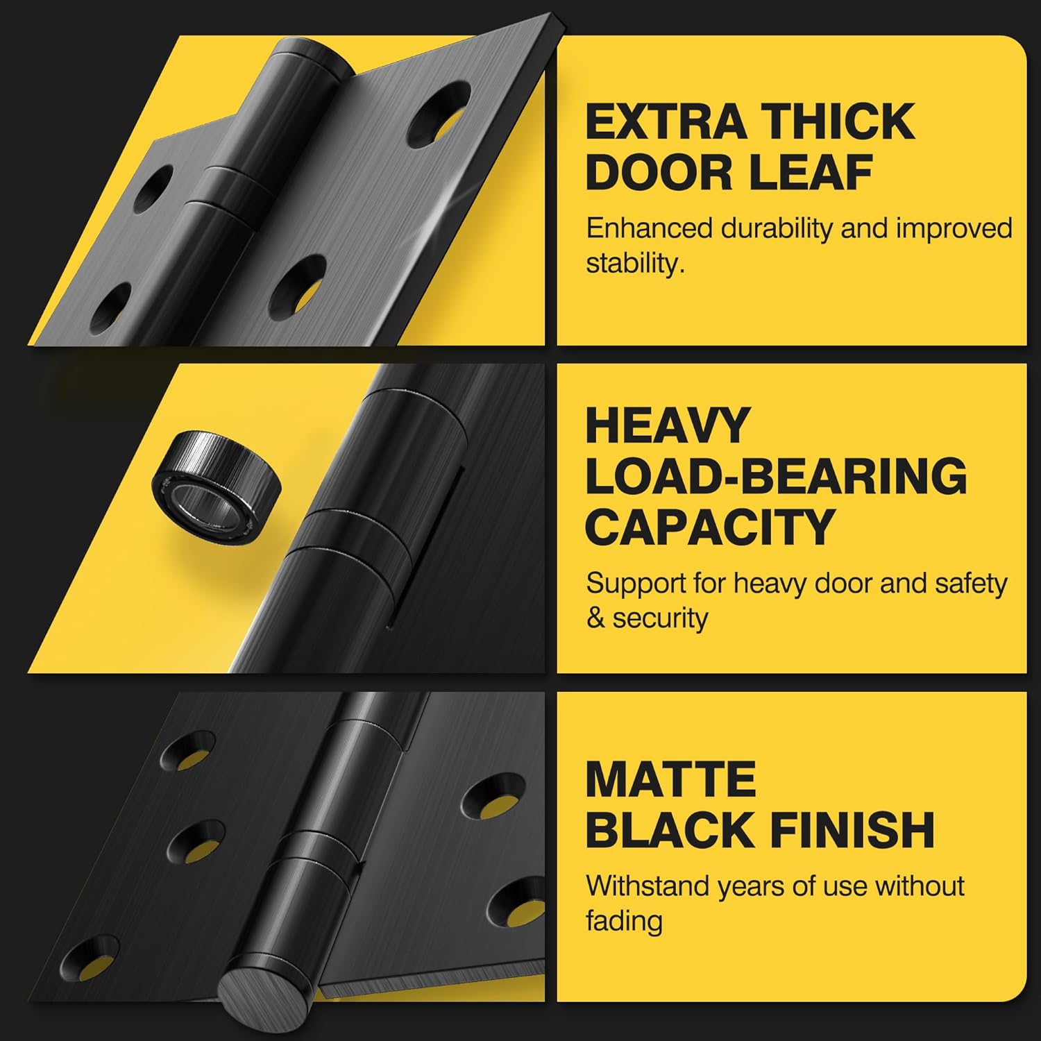 KOLET Ball Bearing Door Hinges, 5 x 4 Inches Door Hinges, Square Corner with Extra Thick 3mm, Heavy Duty Stainless Steel, Suitable for Hotel and Building, Smooth and No Squeak, Matte Black, 3 Pack