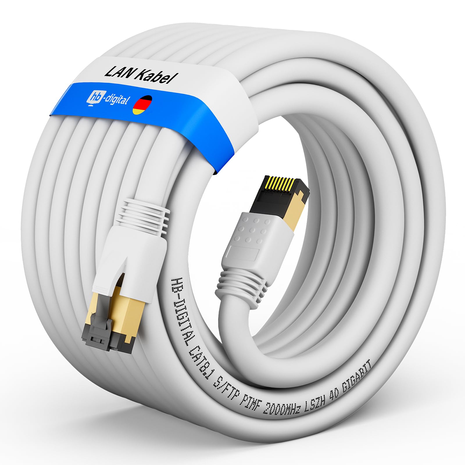 HB-Digital 20 m CAT 8.1 kabel sieciowy S/FTP LSZH biały 40 Gbit/s, LAN, kabel krosowy RJ45, wtyczka Ethernet, 40000 Mbit/s, prędkość transferu PIMF 2000 MHz, Cat.6 Cat.7 Cat.8