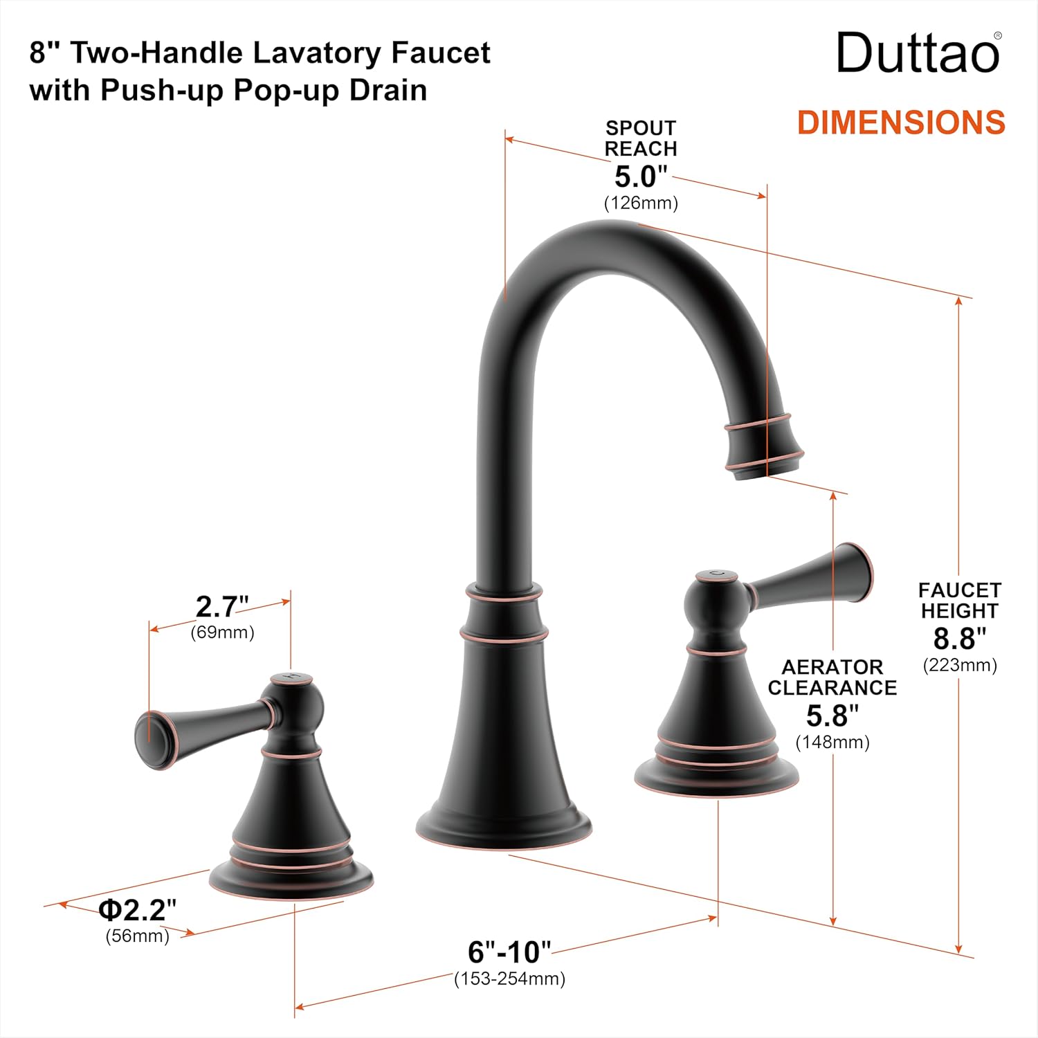 8" Widespread Lavatory Faucet Two Handle Bathroom Sink Faucets with Push up Pop-up Drain,Oil Rubbed Bronze Finish DWF-1392-ORB