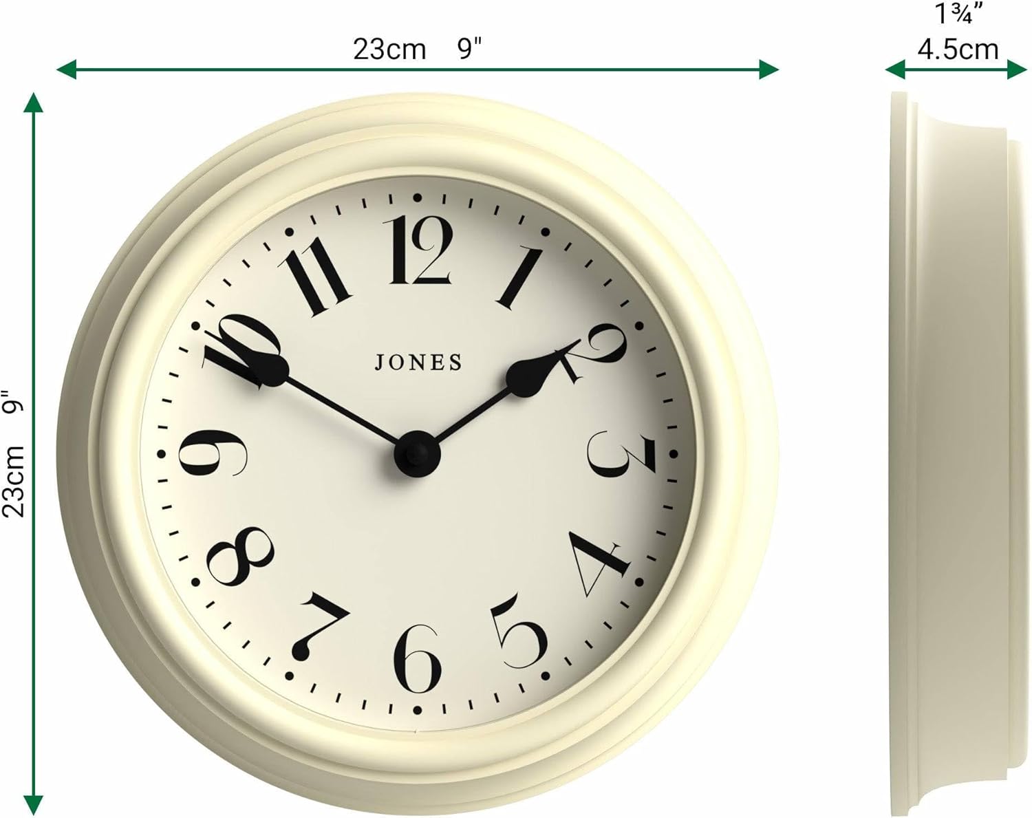 JONES CLOCKS® Frieze wall Clock | Small Elegant Classic Round Clock | 23cm | Cream | Pretty Design Ideal for the Kitchen, Living Room, Bedroom, Large or Small Spaces
