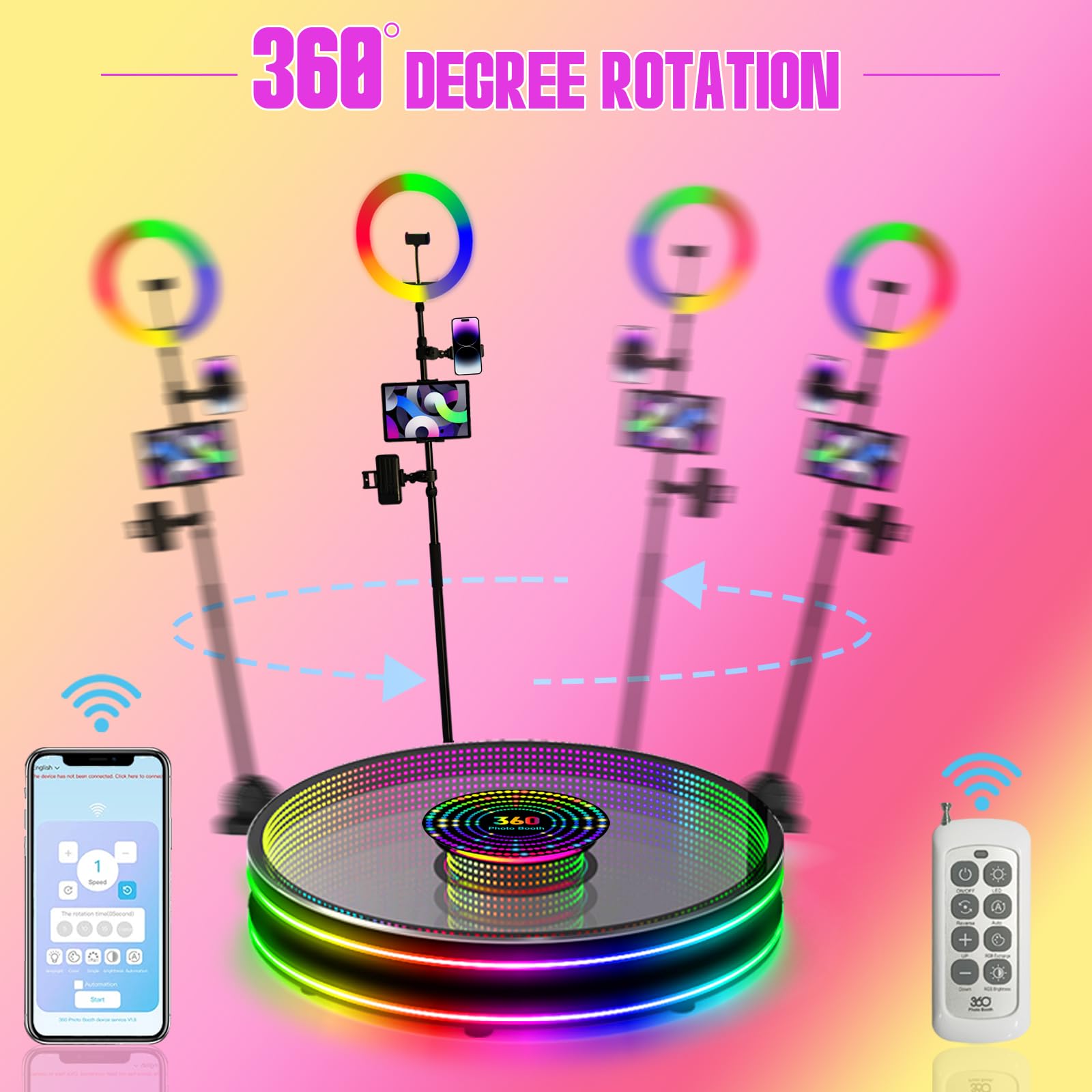 Cabine photo à 360° avec contrôle par application et télécommande, studio photo LED en verre trempé à 360°, équipé d'une lumière circulaire RVB, convient pour les rassemblements, avec étui de