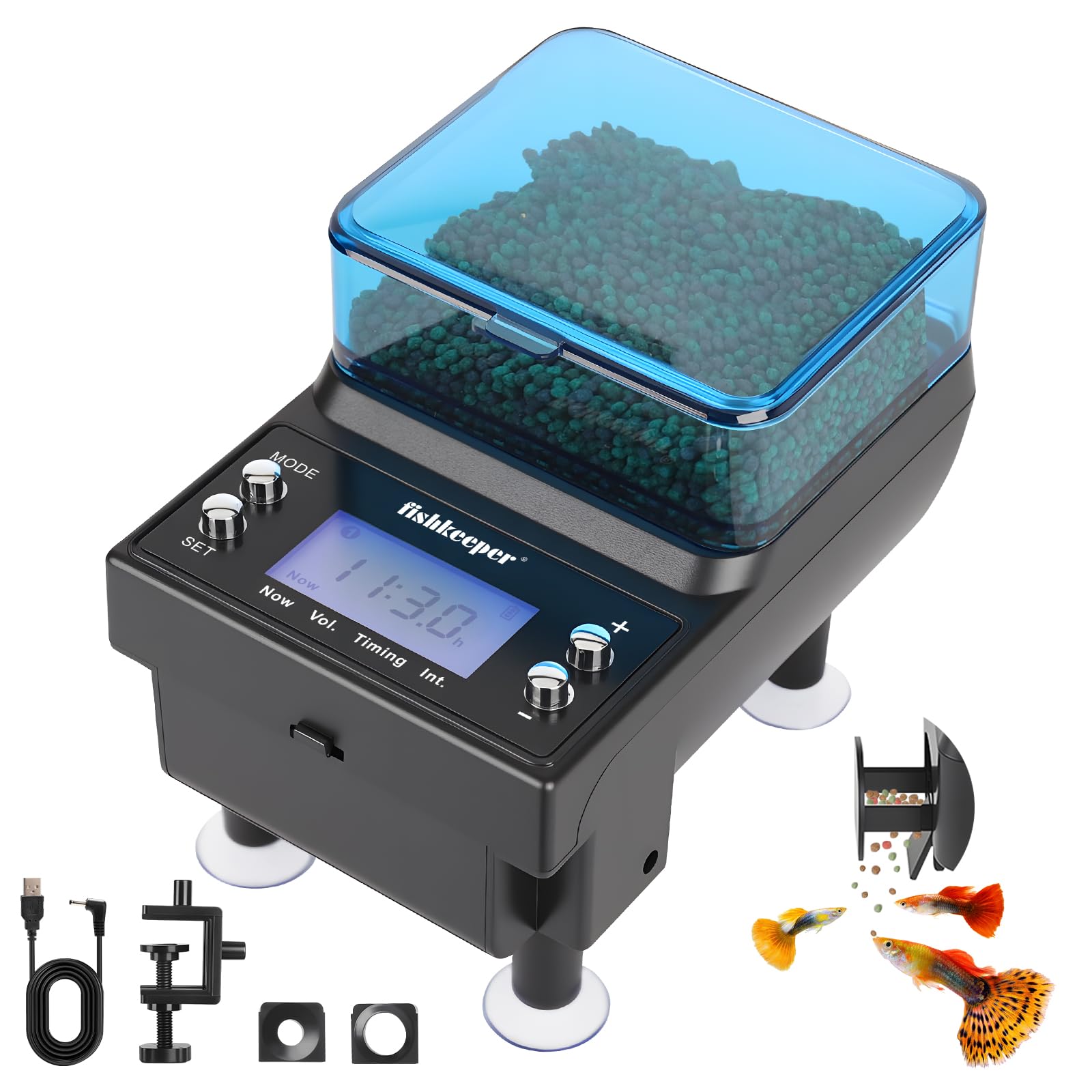 Fishkeeper Alimentador automático de peces recargable, 3 modos de alimentación, dispensador automático de acuario USB para pellets, copos de polvo, con pantalla LCD de batería de litio para vacaciones