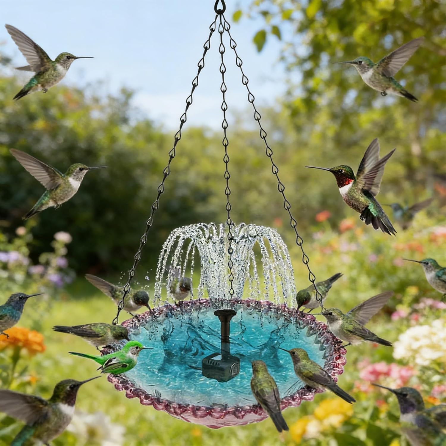 Hanging Solar Bird Bath,Birdbaths for Outdoors,Solar Powered Hanging Bird Bath Fountain Solar Power,Birdbath Fountain Solar Power,Hummingbird Fountain,with Solar Powered Pump (Double-Layer Blue)