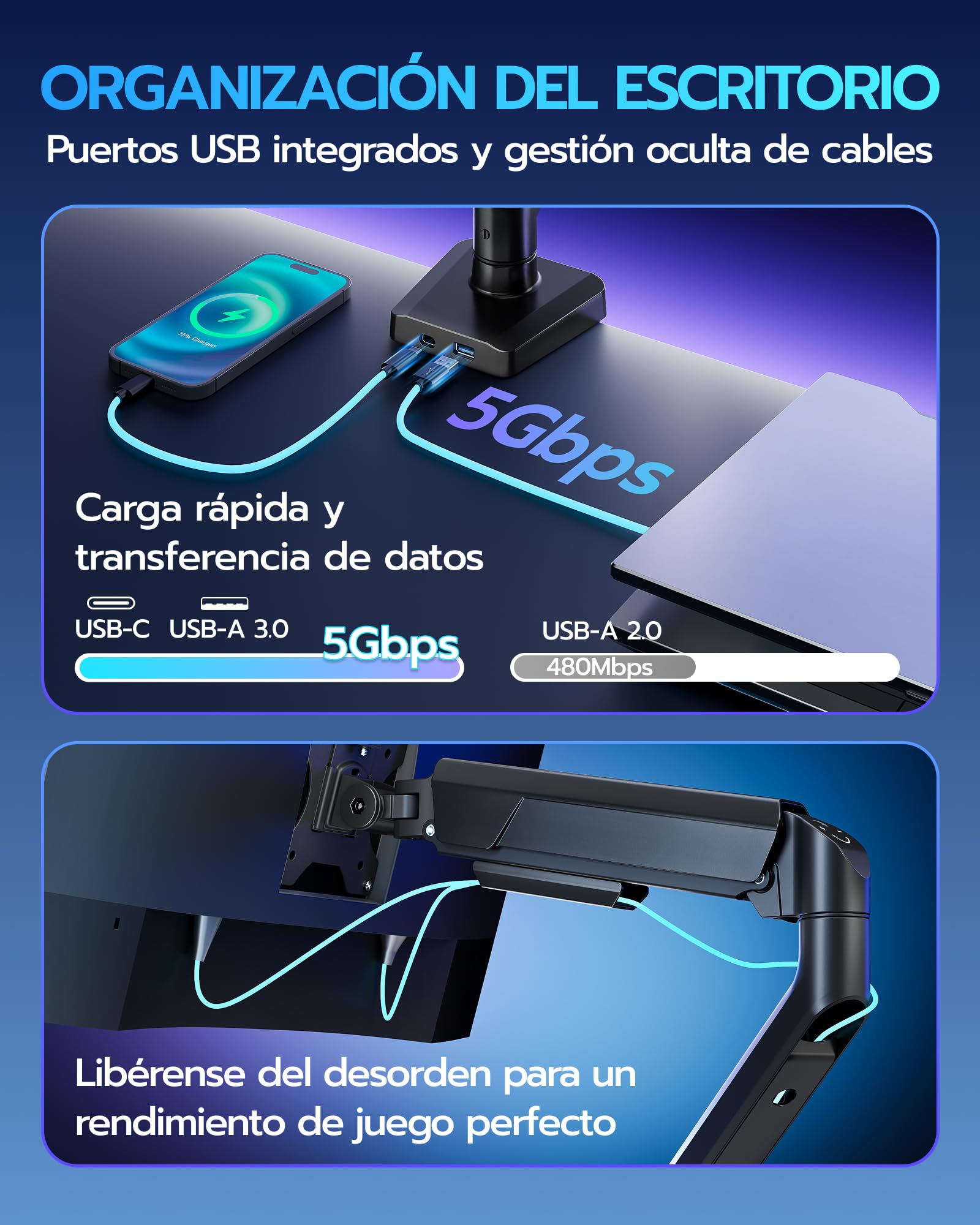 ARES WING Soporte de Monitor Ajustable para Pantallas de 17"-40" | USB A/C INTEGRADO, Brazo ajustable, carga máx, de 12 kg y VESA 75/100 mm, compatible con pantallas planas y curvas