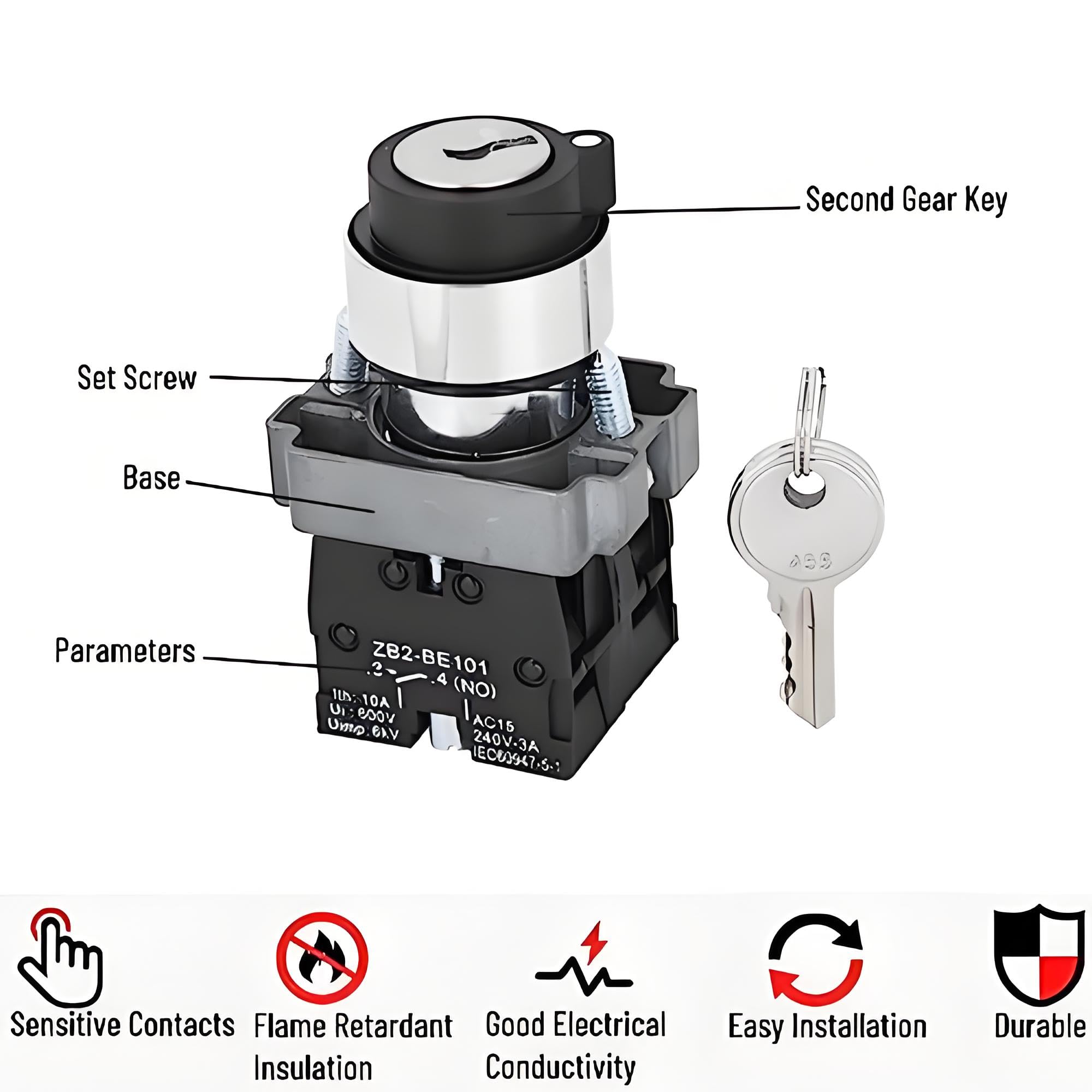 Interrupteur à Clé 22 Mm 2 Positions ZB2BE102 – Verrouillage Robuste 240 V Haute Performance