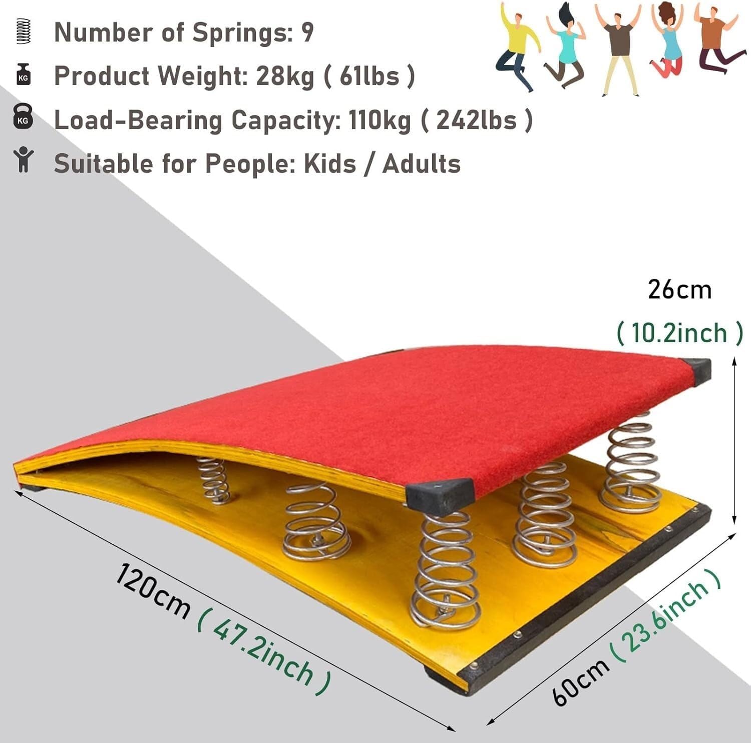 High Jump Spring Board Heavy Duty & Large Hardwood Springboard 9 Springs Gymnastics Equipment - Load 242lbs / 110kg Elastic Board for Vaulting High/Long Jump Landing practice art project assisted spri