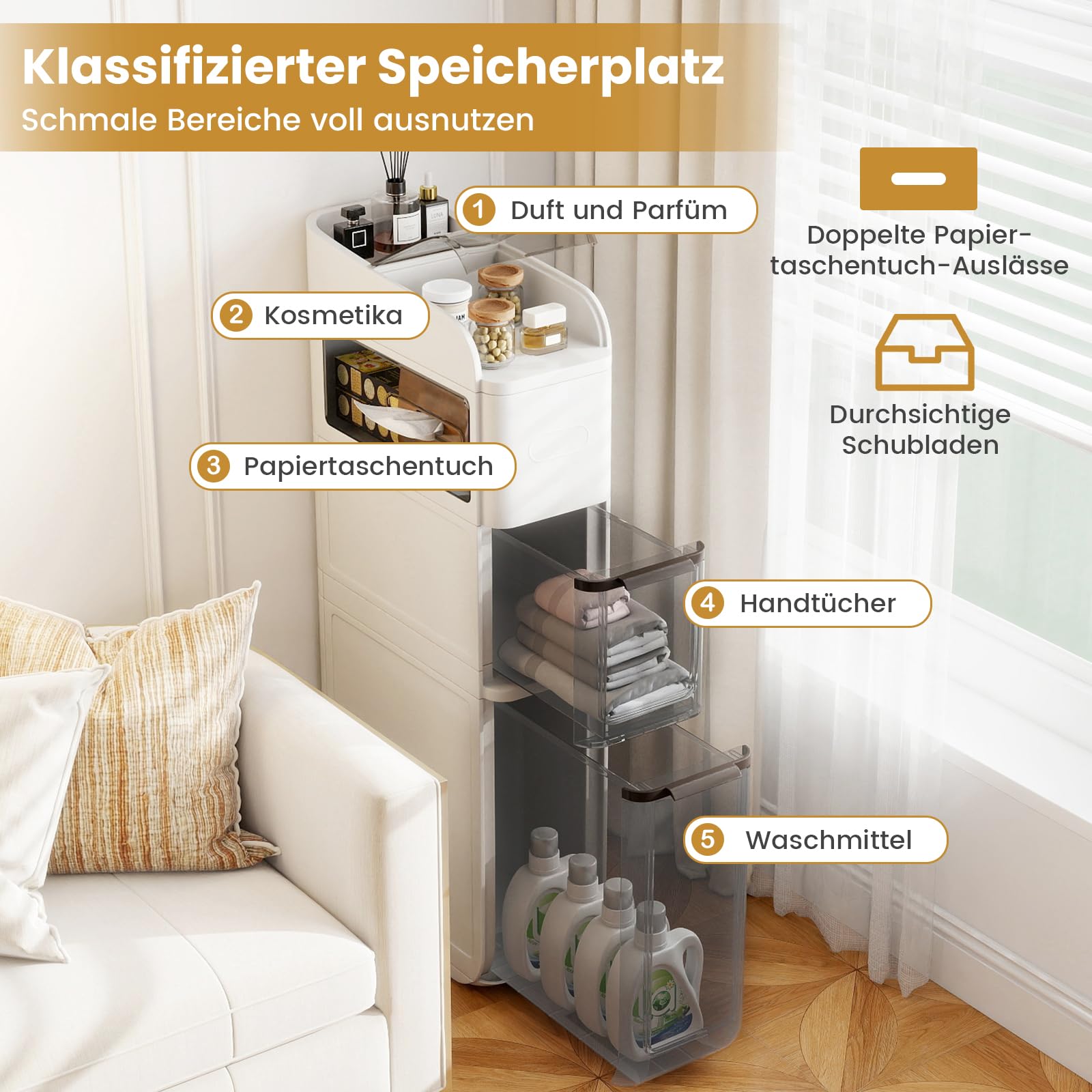 COSTWAY Badrollwagen, Nischenschrank schmal mit 2 Schubladen, Taschentuchbox & oberem Regal, Badezimmerschrank Kunststoff mit Rollen, Aufbewahrungsschrank für kleine Räume, 18 x 43 x 88 cm (Weiß)