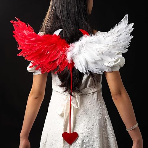 Bmirth Diadema blanca con alas de plumas, alas de plumas, disfraces de fiesta de Halloween, alas de ángel de plumas rojas.