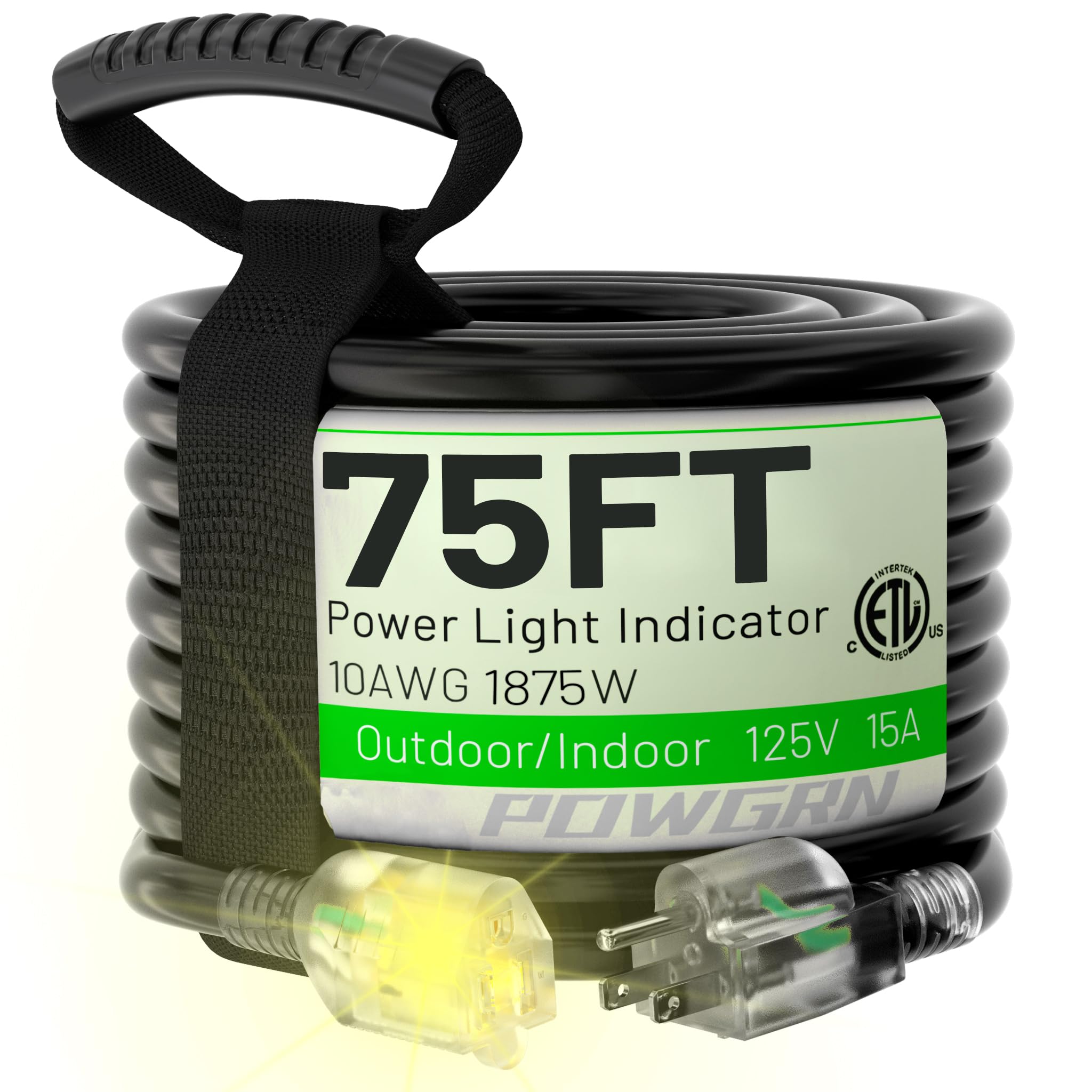 POWGRN 75 Ft 10/3 Black Outdoor Extension Cord Waterproof Heavy Duty 10 Gauge 3 Prong, Flexible Cold-Resistant Long Power Cord Outside with Lighted Indicator End, 15Amp 1875W SJTW ETL Listed