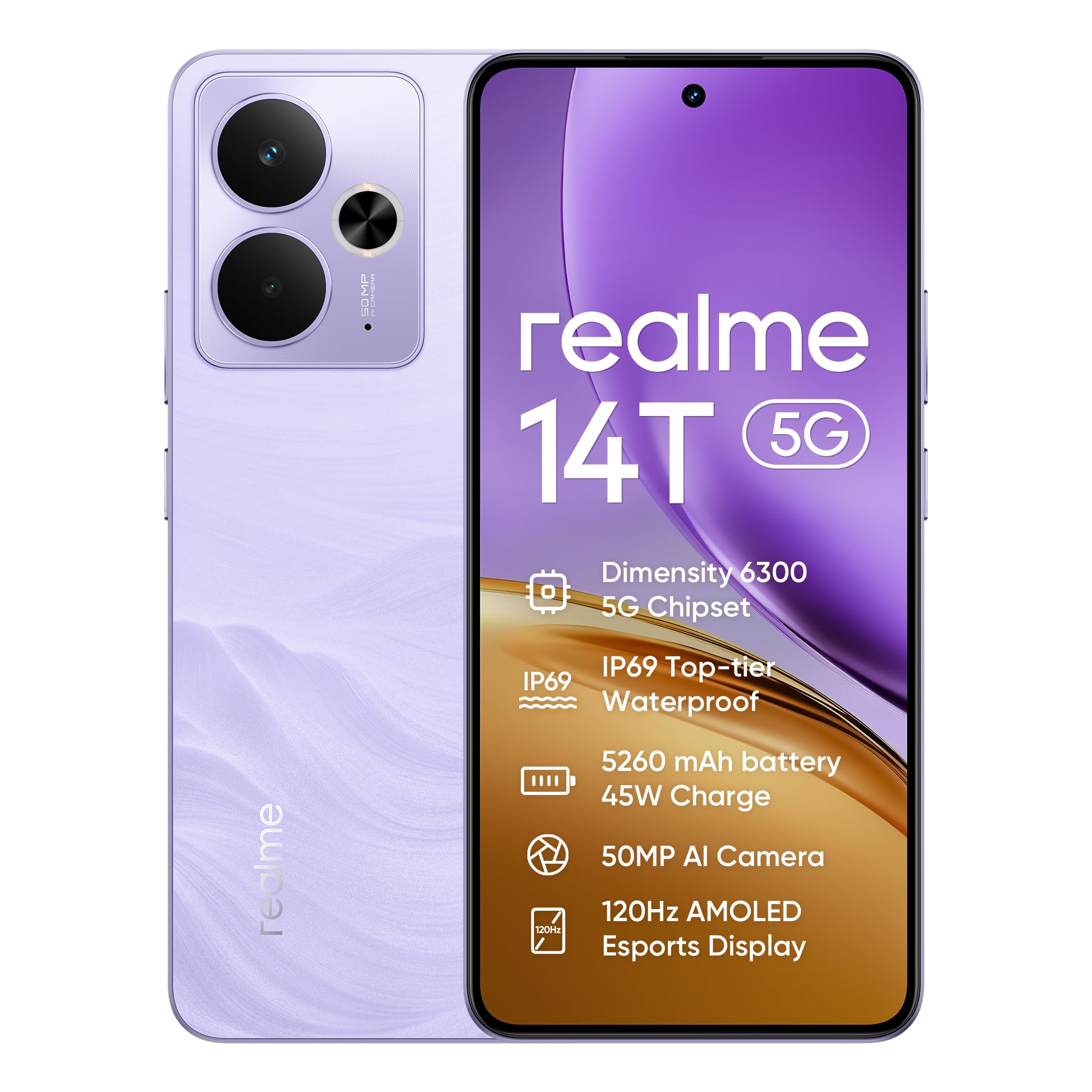 Smartphone realme 14T 5g, 8+256GB,batteria 5260 mAh,Processore Dimensity 6300, IP69, display 120Hz,Fotocamera AI da 50MP, Lightning Purple, esclusiva Amazon(Nessun adattatore)
