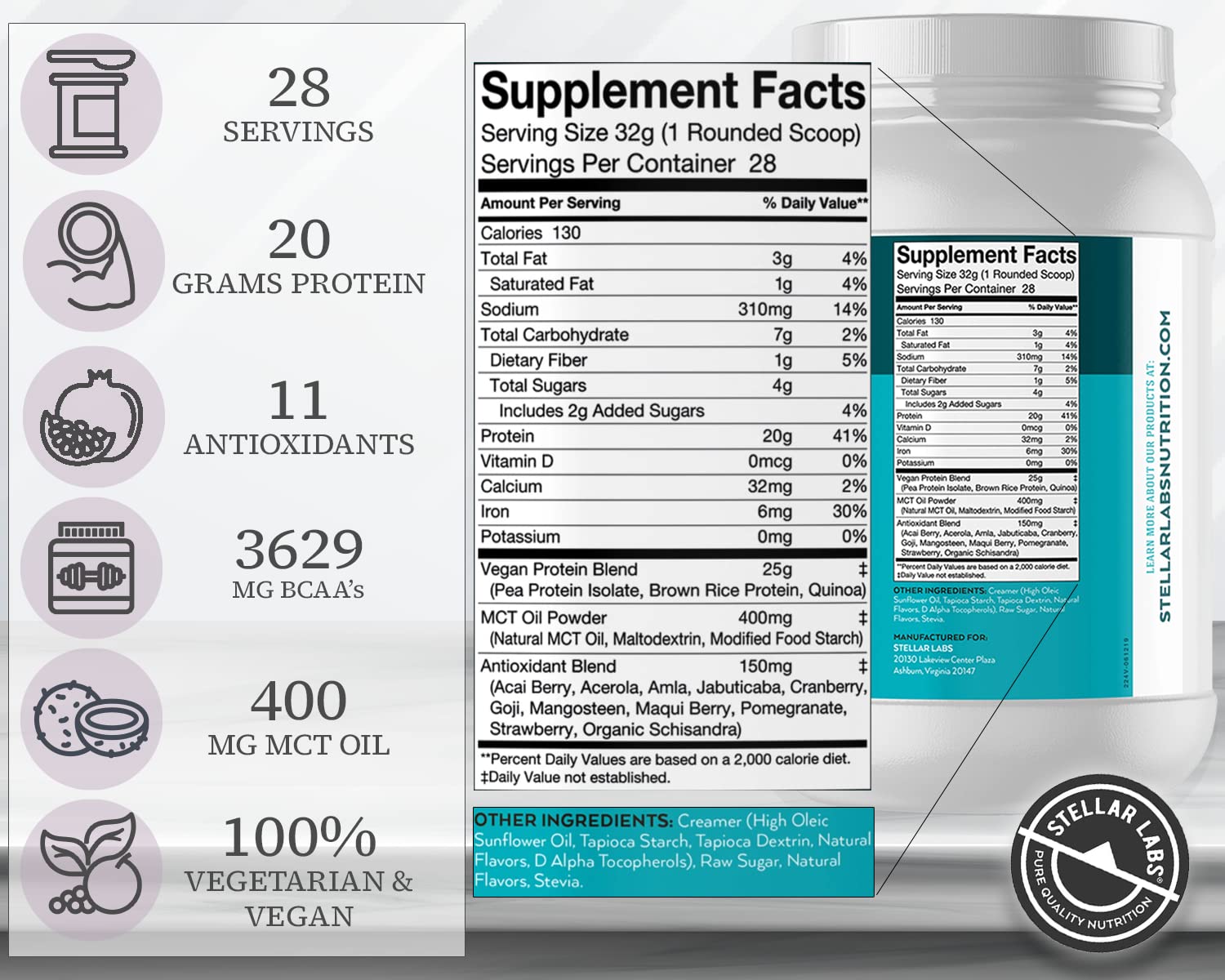 Stellar Labs Vegan Protein Powder with BCAA's & Antioxidants | Certified Low FODMAP, Non GMO, Gluten Free, Soy Free, Low Carb, with Stevia | Lean Plant Based Protein Powder Shakes | Vanilla — Amazon image 2