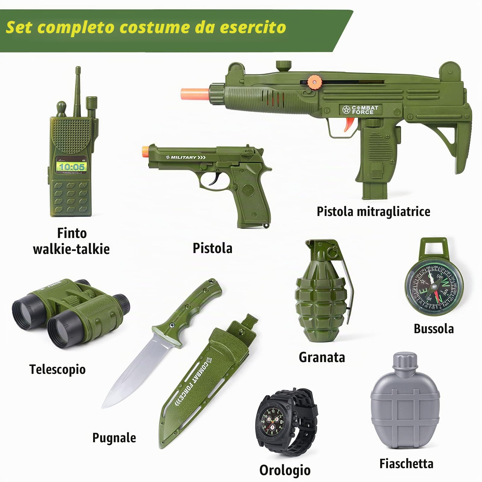 vamei 13 Pezzi Costume Militare Bambino Tuta Militare per Bambini Costume da Soldato Bambino con Walkie-Talkie Mitra Pistola Giocattolo Militare Cappello Mimetico per Bambino Ragazzo Ragazza