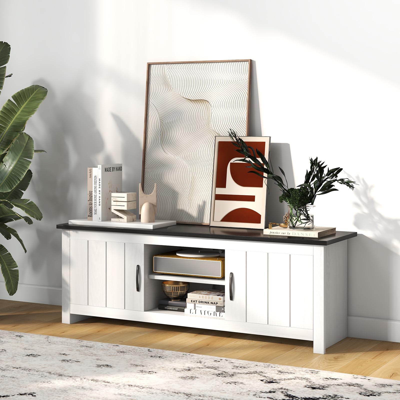 GYMAX Mueble TV de hasta 65 Pulgadas, Mesa Television de Madera con 2 Armarios y Estantes Abiertos, Mueble Bajo TV con Puertas para Salón y Dormitorio, 145 x 40 x 50 cm(Blanco+Marrón)