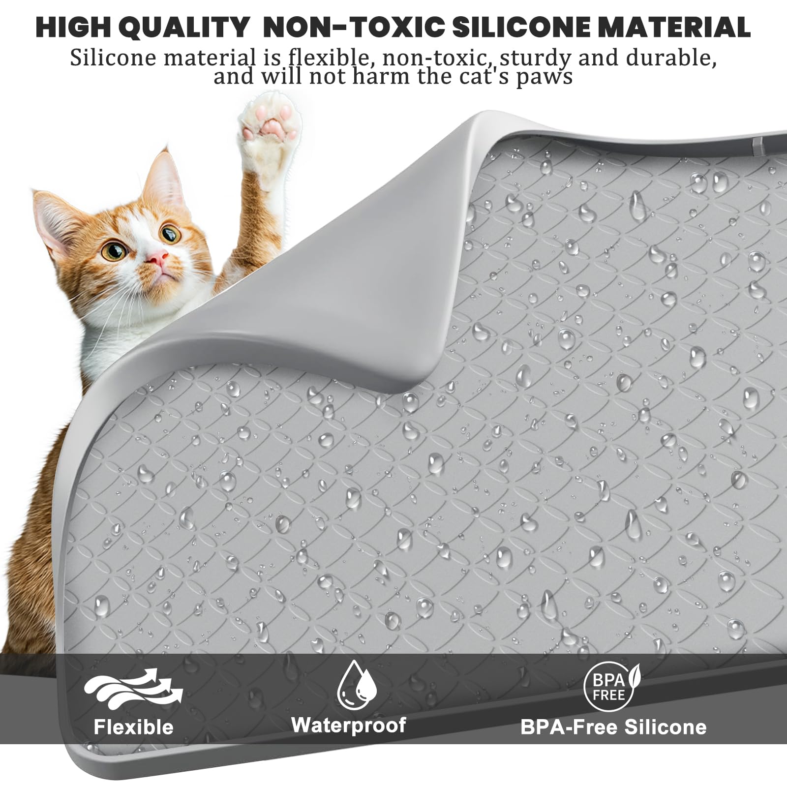 Tappetino per lettiera in silicone XXL 88 × 56 cm, impermeabile, antiscivolo e facile da pulire, tappetino extra per lettiera per gatti, grigio, zampe di gatto amichevole, per ciotola e lettiera per