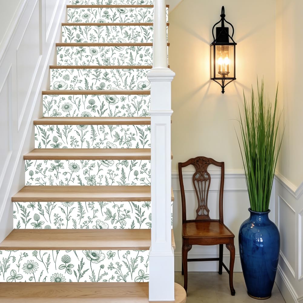 TNKBREEZE 15 Strips Peel and Stick Stairs Stickers Green Botanical Flowers Stair Riser Decals Removable Self-Adhesive PVC Art Sticker Decor for Steps Staircase Murals Decals 39.37"×7.09"