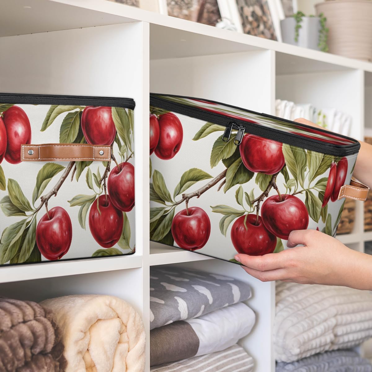 Storage Bin Set of 2 Fresh Apples Storage Basket with Zipper Lid & Handle Foldable Closet Shelf 2 Pack Cloth Organizer Basket Cube Bins Clothes Organizer for Bedroom, Nursery