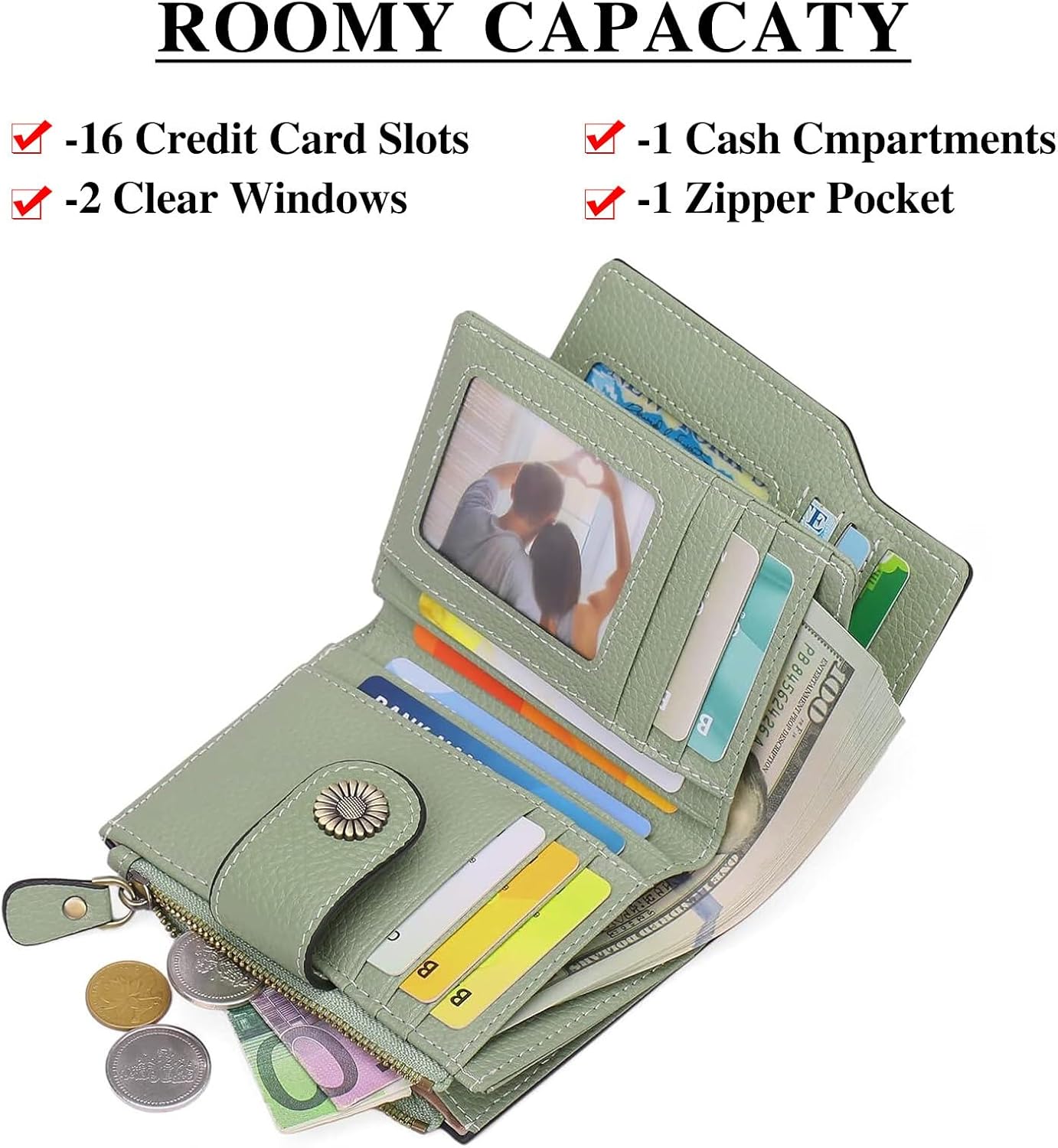 Falan Mule Women's Lightweight Genuine Leather Wallet, Includes Card Holders, RFID-Blocking, Lightweight, Photo & ID Holder, Green - Image 2