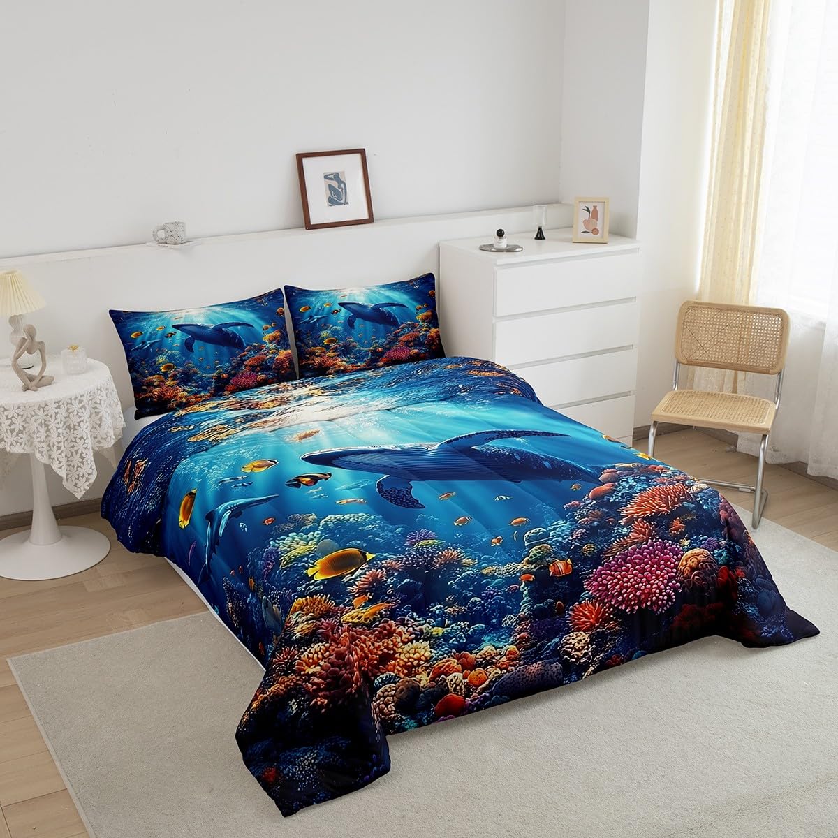 jejeloiu Ocean Bedding Set Toddler Size Kids Whale Comforter Cover for Boys Girls Teens Iron Blue Duvet Cover Breathable Soft Lightweight Microfiber Quilt Set