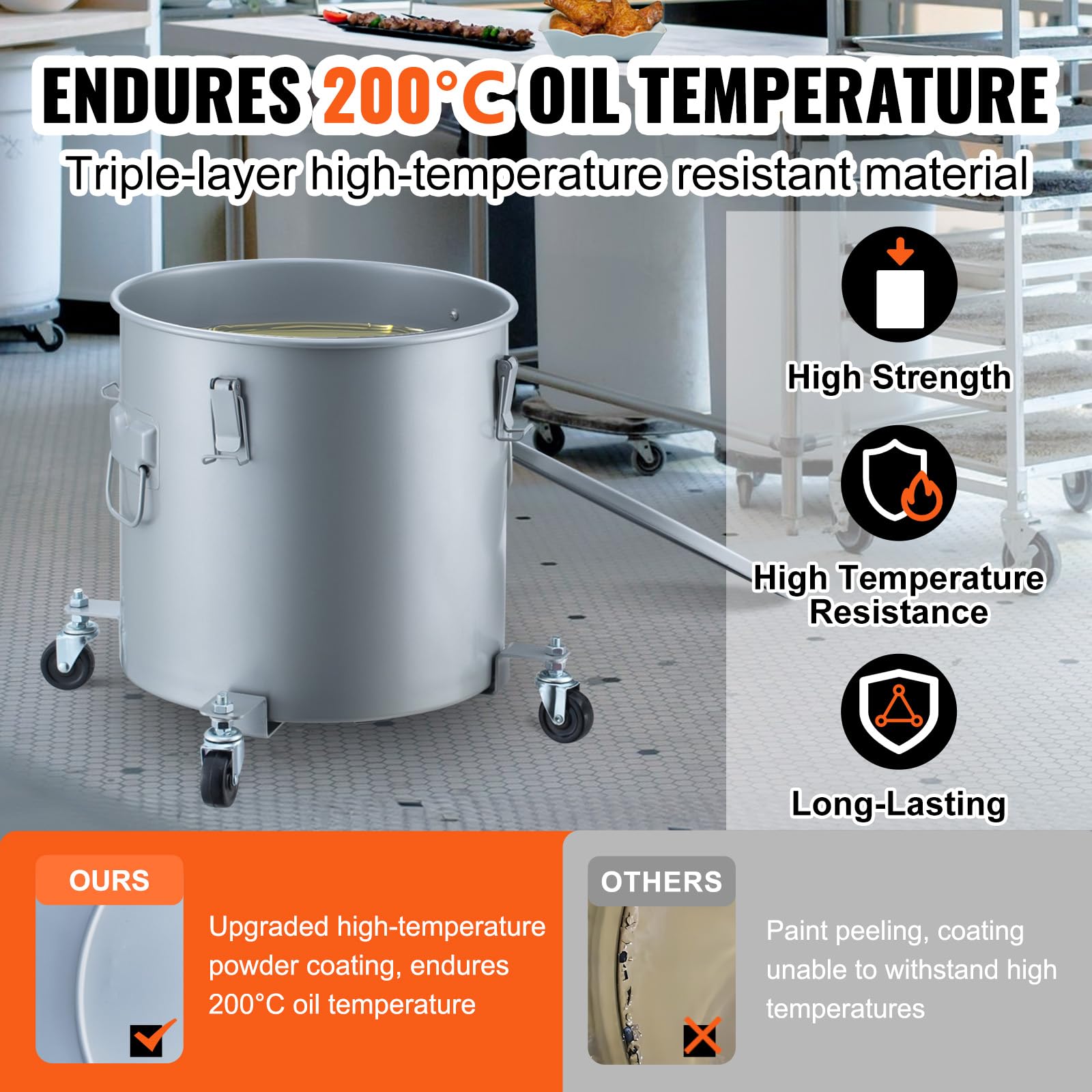 VEVOR Recolector de aceite y grasa usados ​​sobre ruedas 30L, Tambor de recolección de aceite para freidora de acero al carbono, Depósito de aceite con tapa, Clips de bloqueo, Bolsa de filtro, Gris