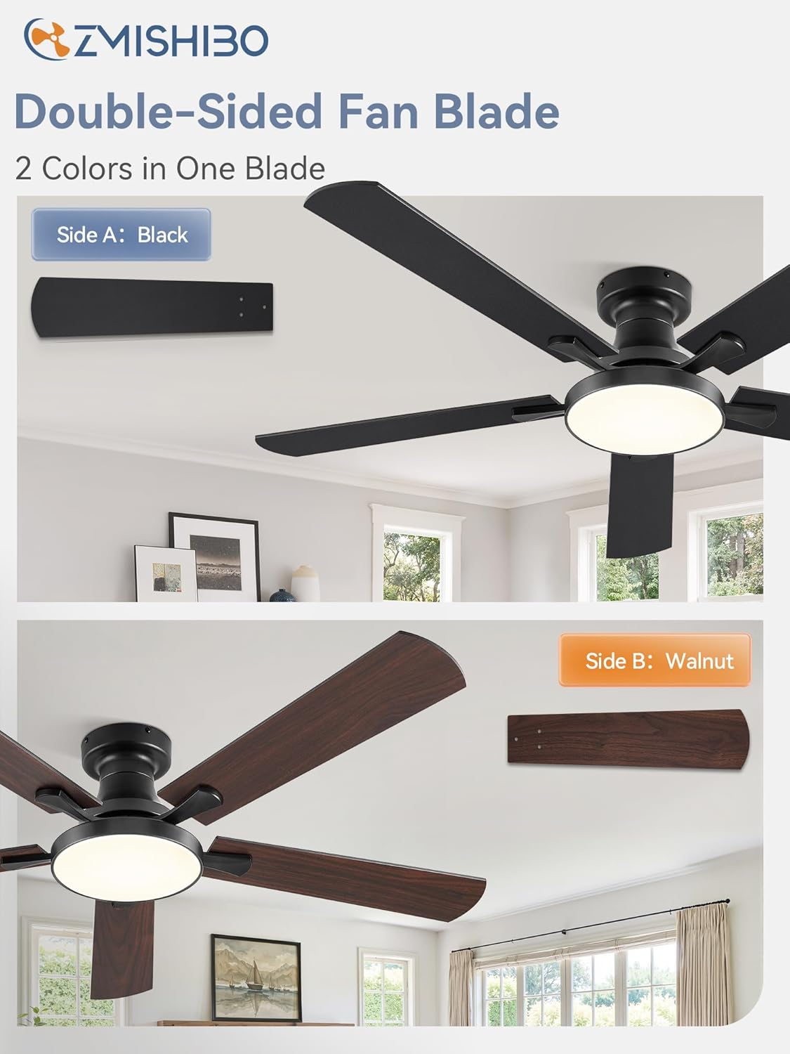 ZMISHIBO 52 Inch Ceiling Fans with Lights, Flush Mount Low Profile Ceiling Fan with 6 Speeds & 3CCT, Smart Remote&APP Control, Dimmable 24W LED Light, Quiet DC Motor for Living Room Bedroom,Black