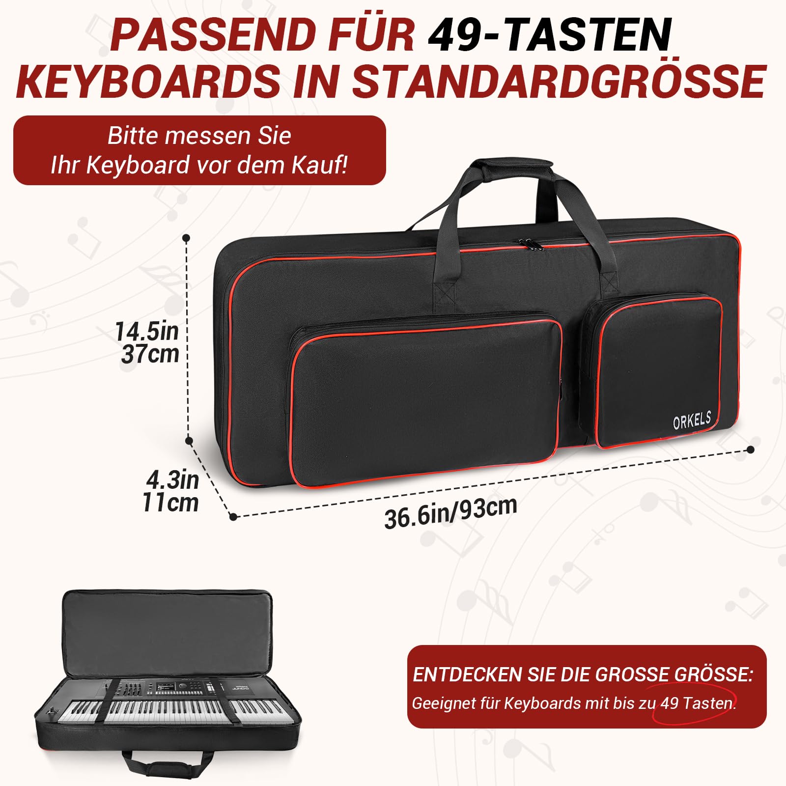 Funda para piano electrónico, acolchada, impermeable, 600D, con correas de mochila y compartimento para accesorios (49 teclas, 86 x 35 x 11 cm)