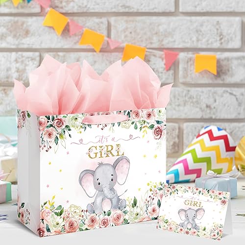 Miniatura 5 de Laidans Bolsa de regalo de cumpleaños para baby shower de 13 pulgadas para niña con papel de seda y tarjeta, diseño de elefante floral rosa con asas