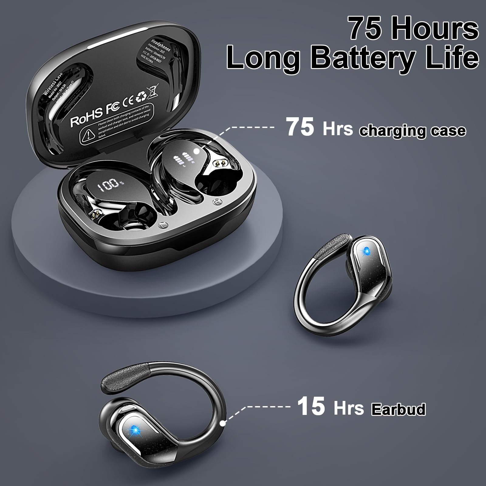 Cuffie Bluetooth Sport 5.4 con 4 ENC Mics, IP7 Impermeabili, Display LED, Senza Filo per Palestra Running