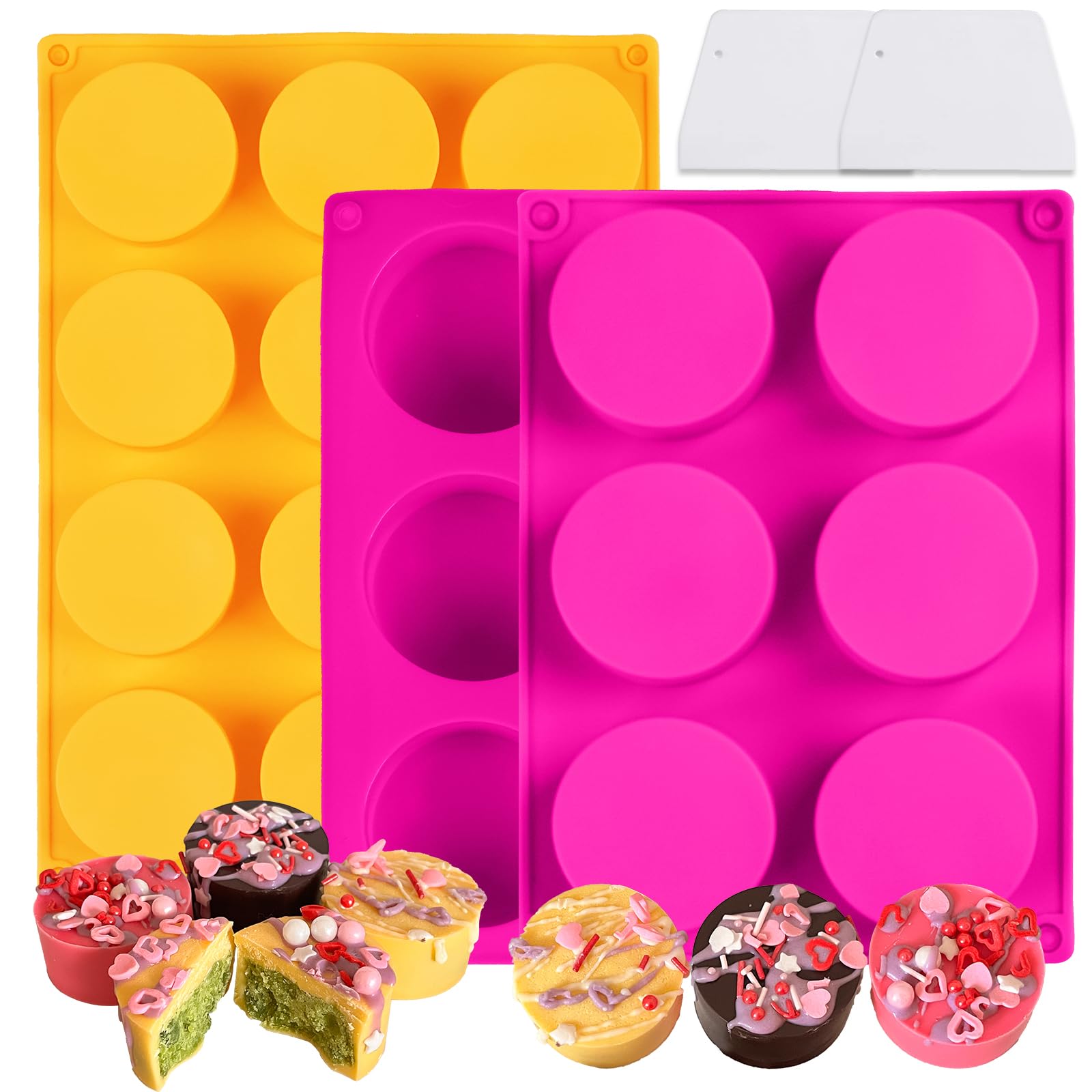 Cake Puck Mold Set, 12-Cavity Chocolate Covered Cake Silicone Molds, Round Cake Pop Molds with 2 Spatulas for DIY Cake Cores, Cakepucks, Chocolate Desserts