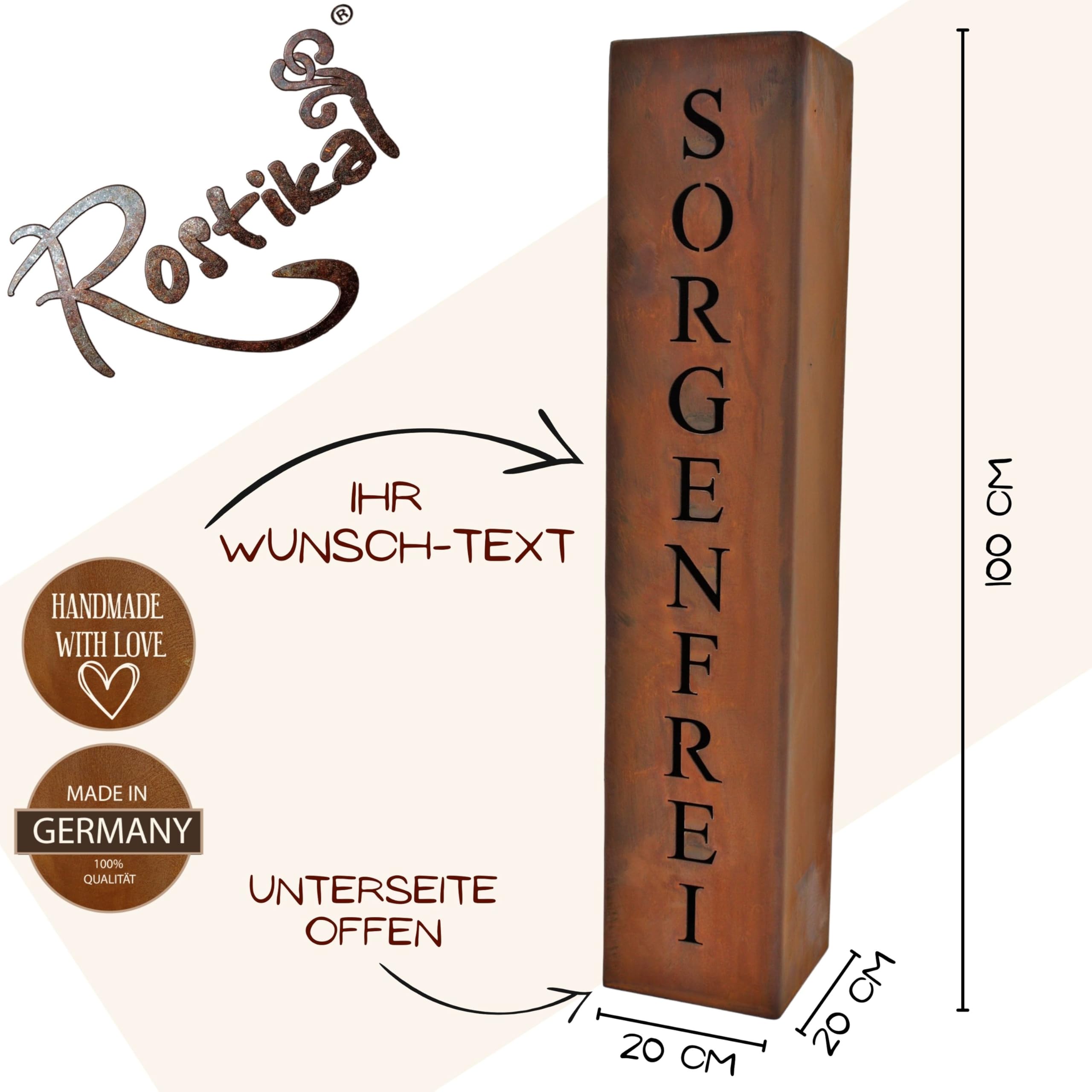 Rostikal Cortenstahl Säule 100 cm – Personalisierte Rostdeko mit Wunschname – Robuste Metall Stele für Garten, Haus & Eingangsbereich – Edelrost-Dekosäule