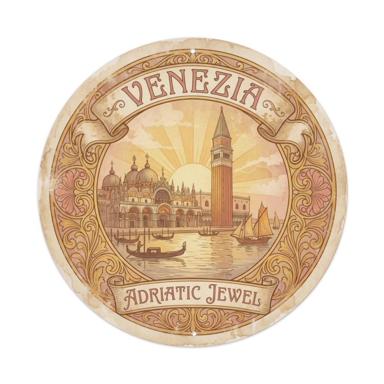 Vintage Travel Piazza Venice Lagoon Metal Tin Sign Plaque Wall Decor for Cafe, Club Bar, Office, Home Garden Round Metal Poster 8x8Inch